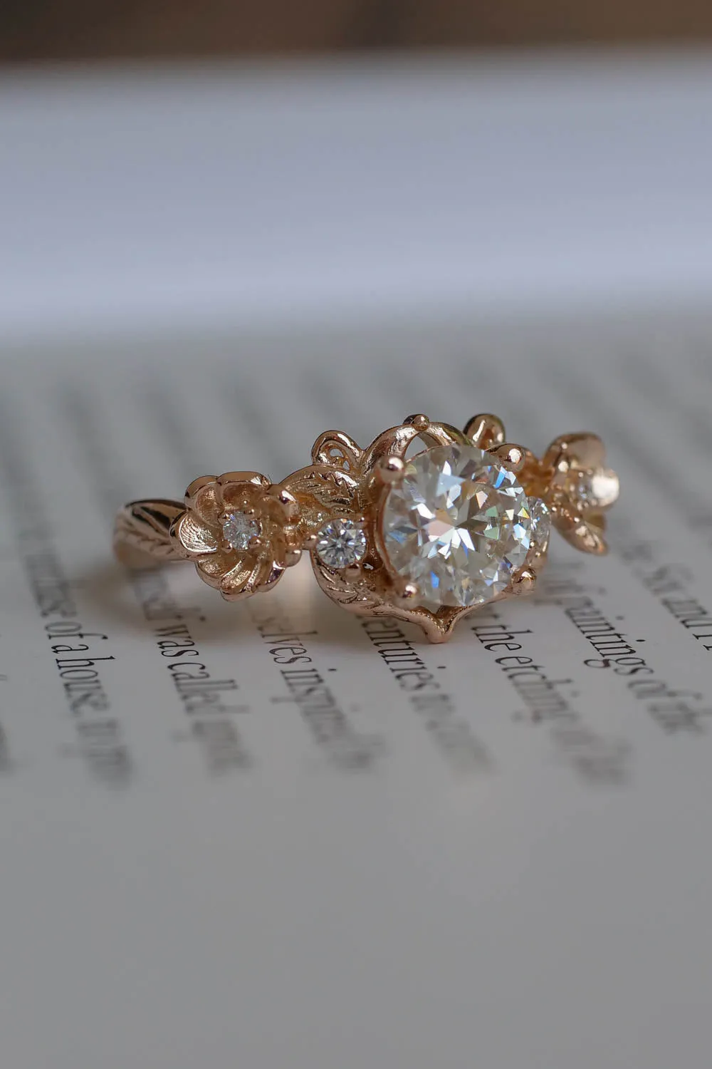 Lab grown diamond engagement ring in rose gold, floral engagement ring with diamonds / Adelina