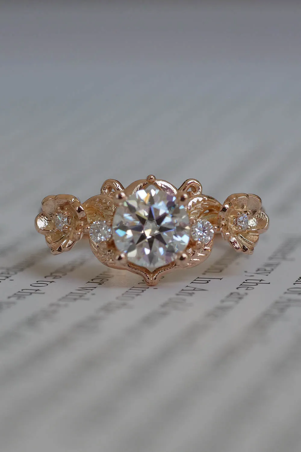 Lab grown diamond engagement ring in rose gold, floral engagement ring with diamonds / Adelina