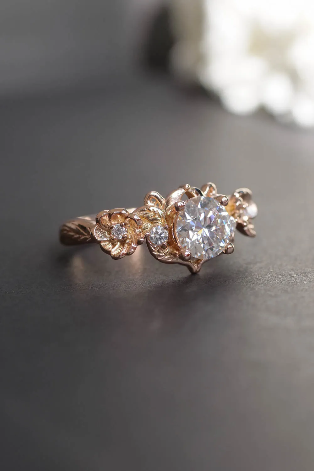 Lab grown diamond engagement ring in rose gold, floral engagement ring with diamonds / Adelina