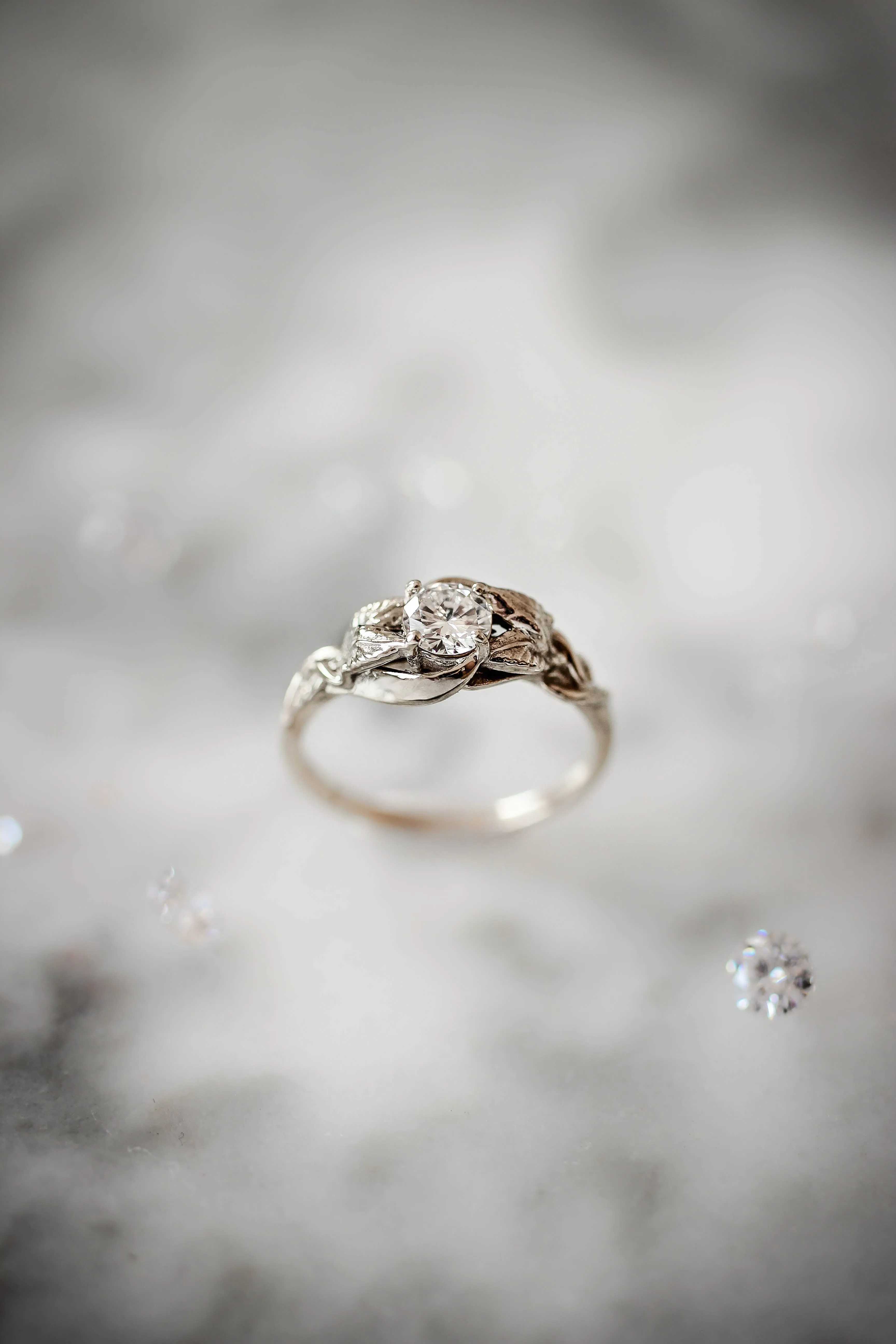 Lab grown diamond leaf engagement ring, rose gold nature inspired ring / Azalea