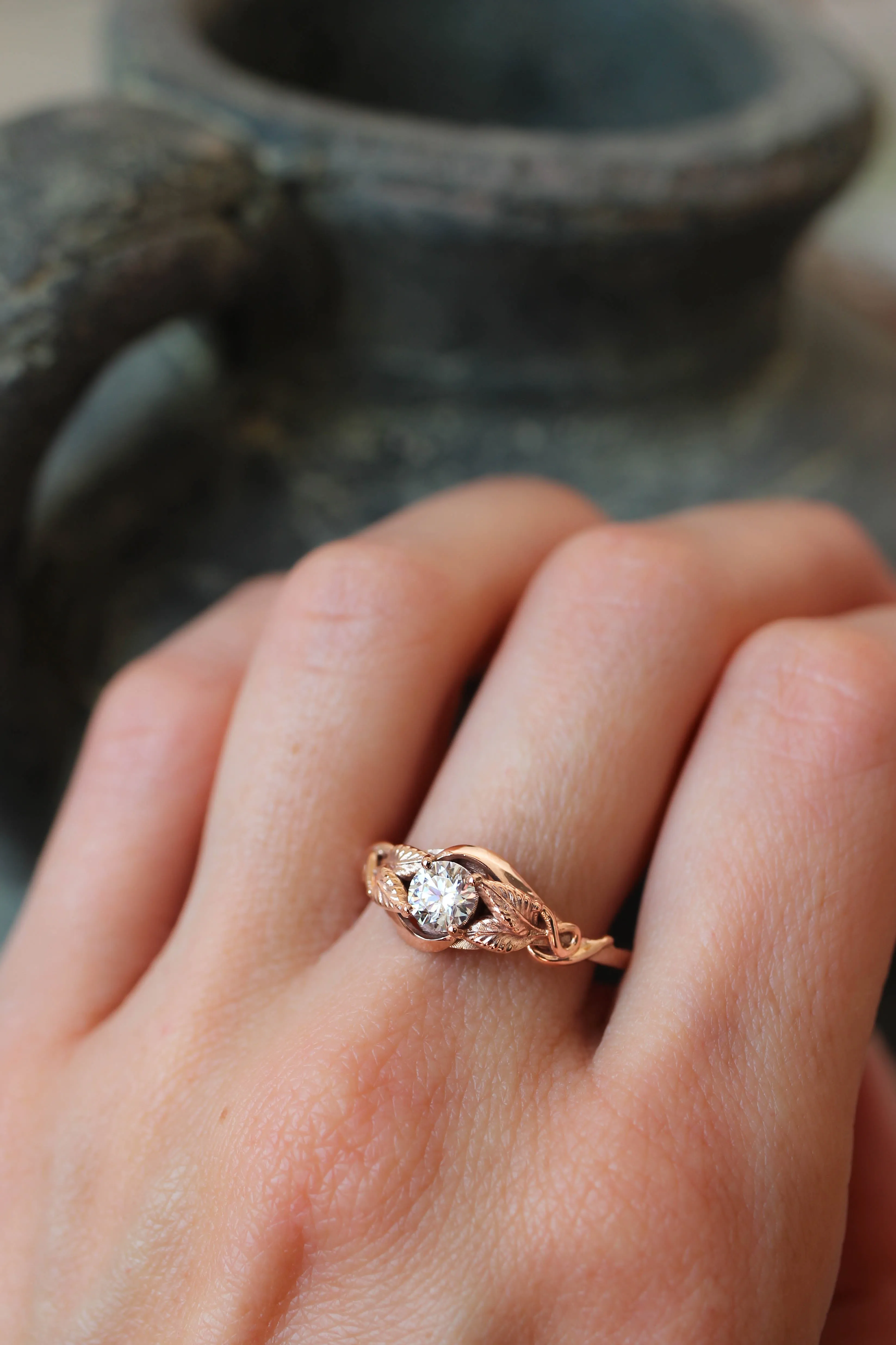 Lab grown diamond leaf engagement ring, rose gold nature inspired ring / Azalea