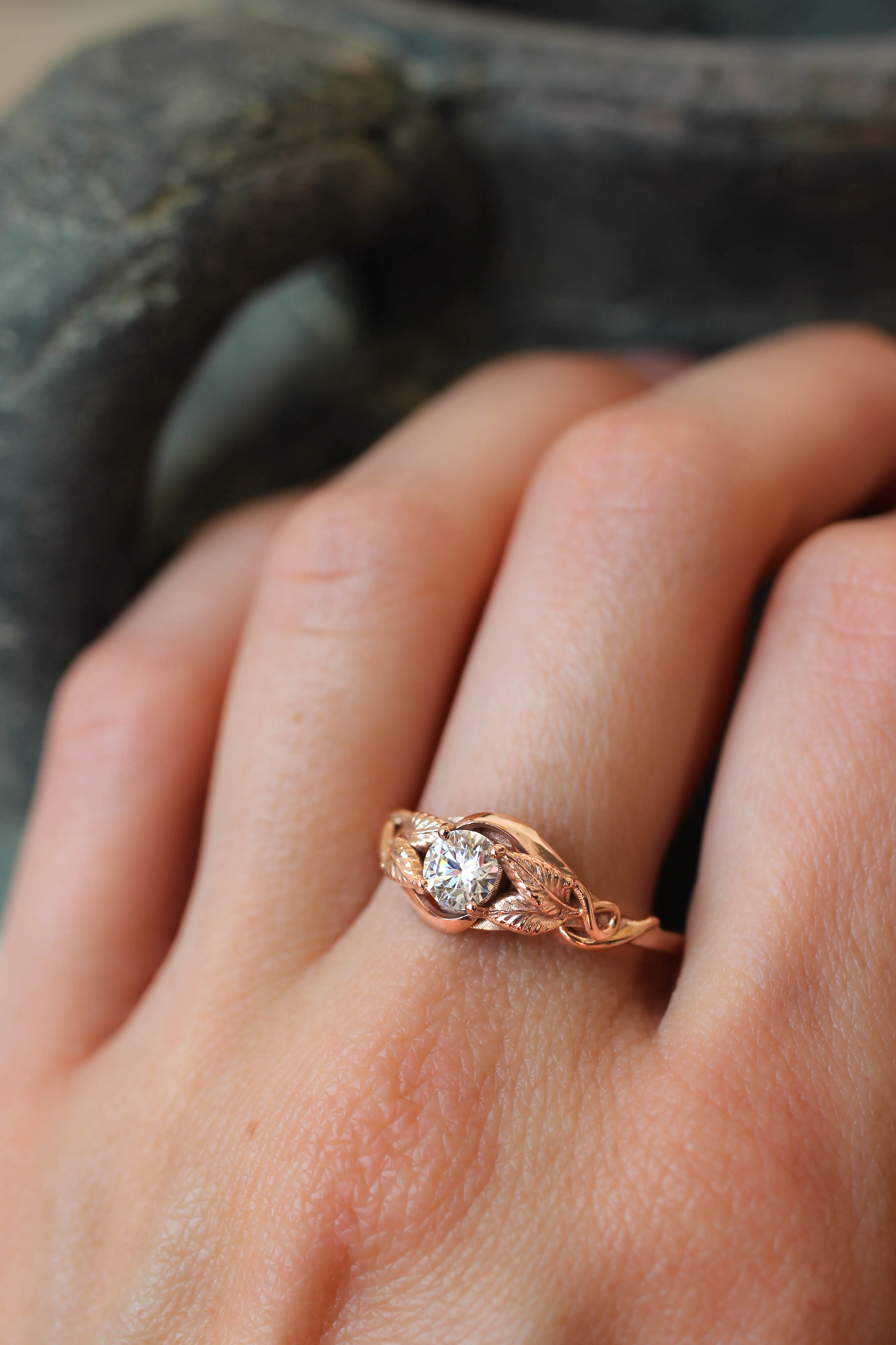 Lab grown diamond leaf engagement ring, rose gold nature inspired ring / Azalea