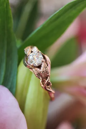 Lab grown diamond leaf engagement ring, rose gold nature inspired ring / Azalea