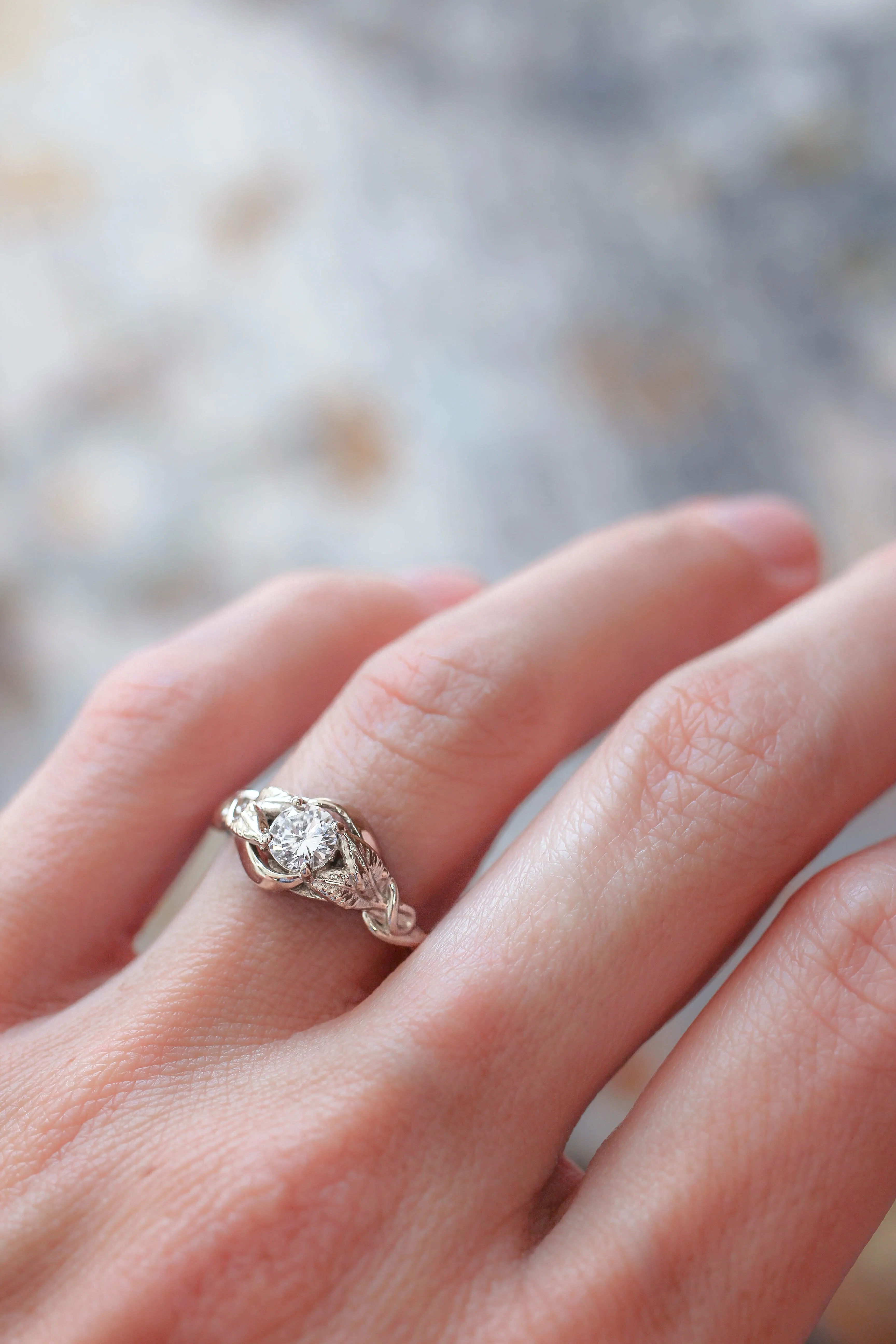 Lab grown diamond leaf engagement ring, rose gold nature inspired ring / Azalea