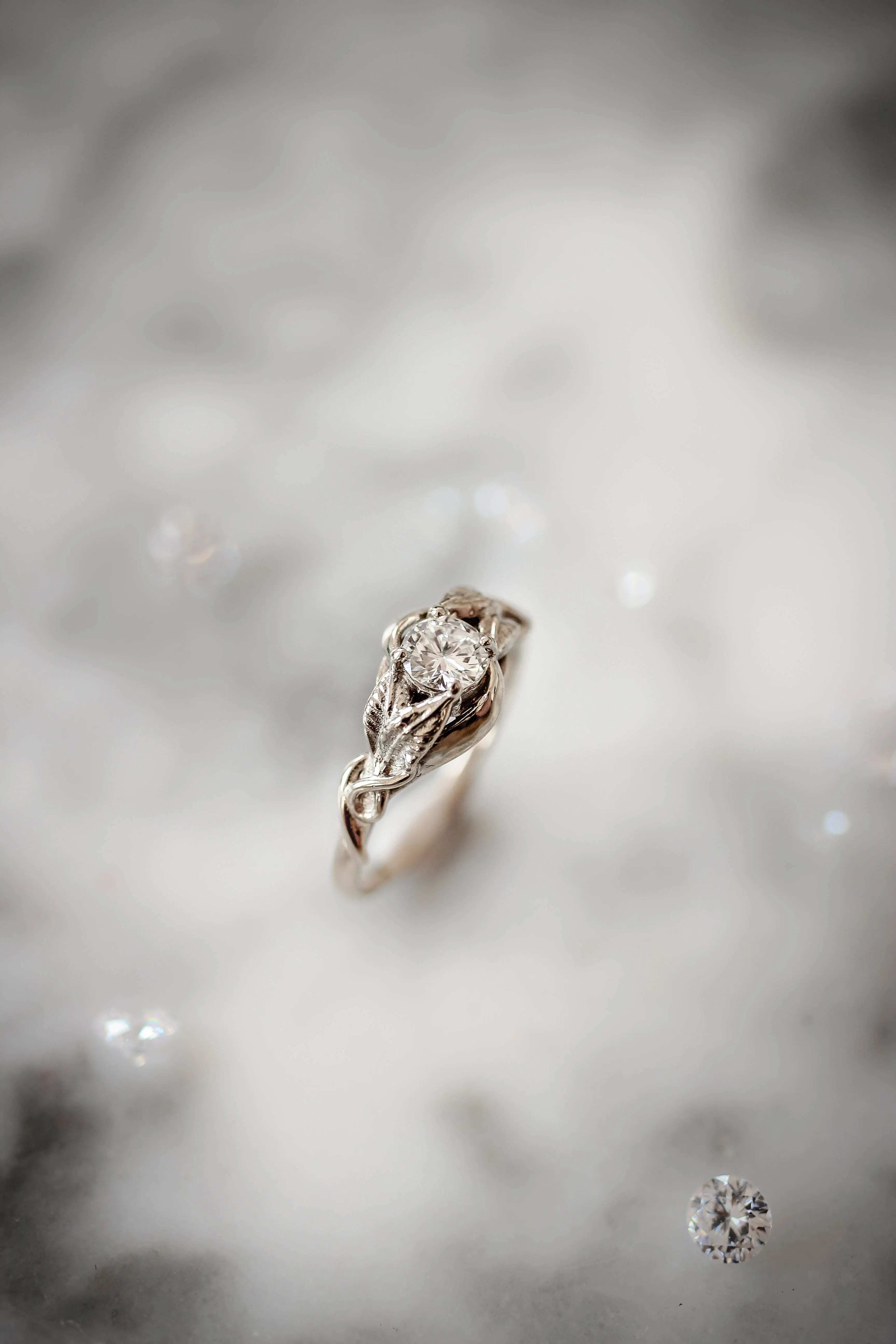 Lab grown diamond leaf engagement ring, rose gold nature inspired ring / Azalea