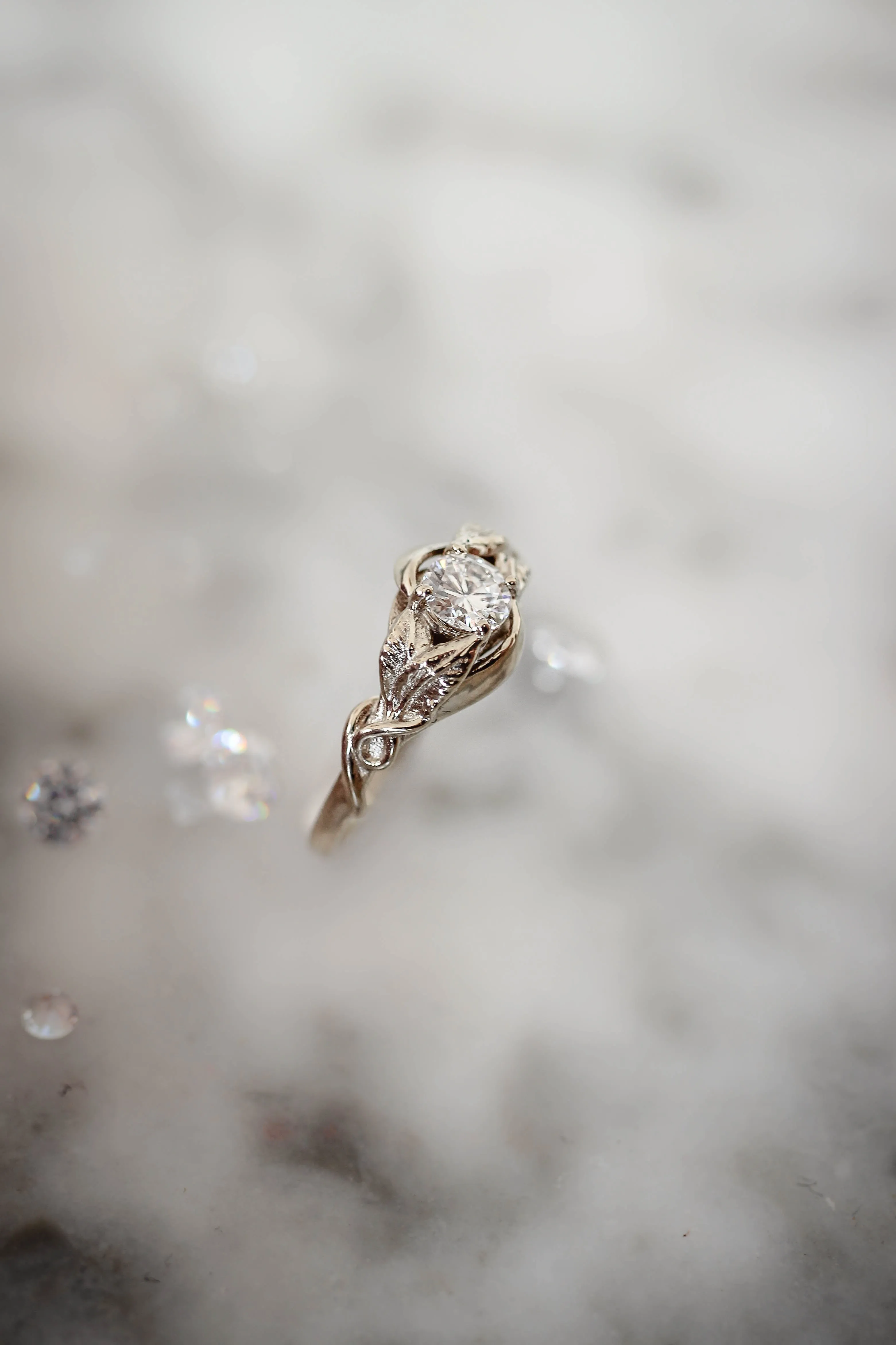 Lab grown diamond leaf engagement ring, rose gold nature inspired ring / Azalea