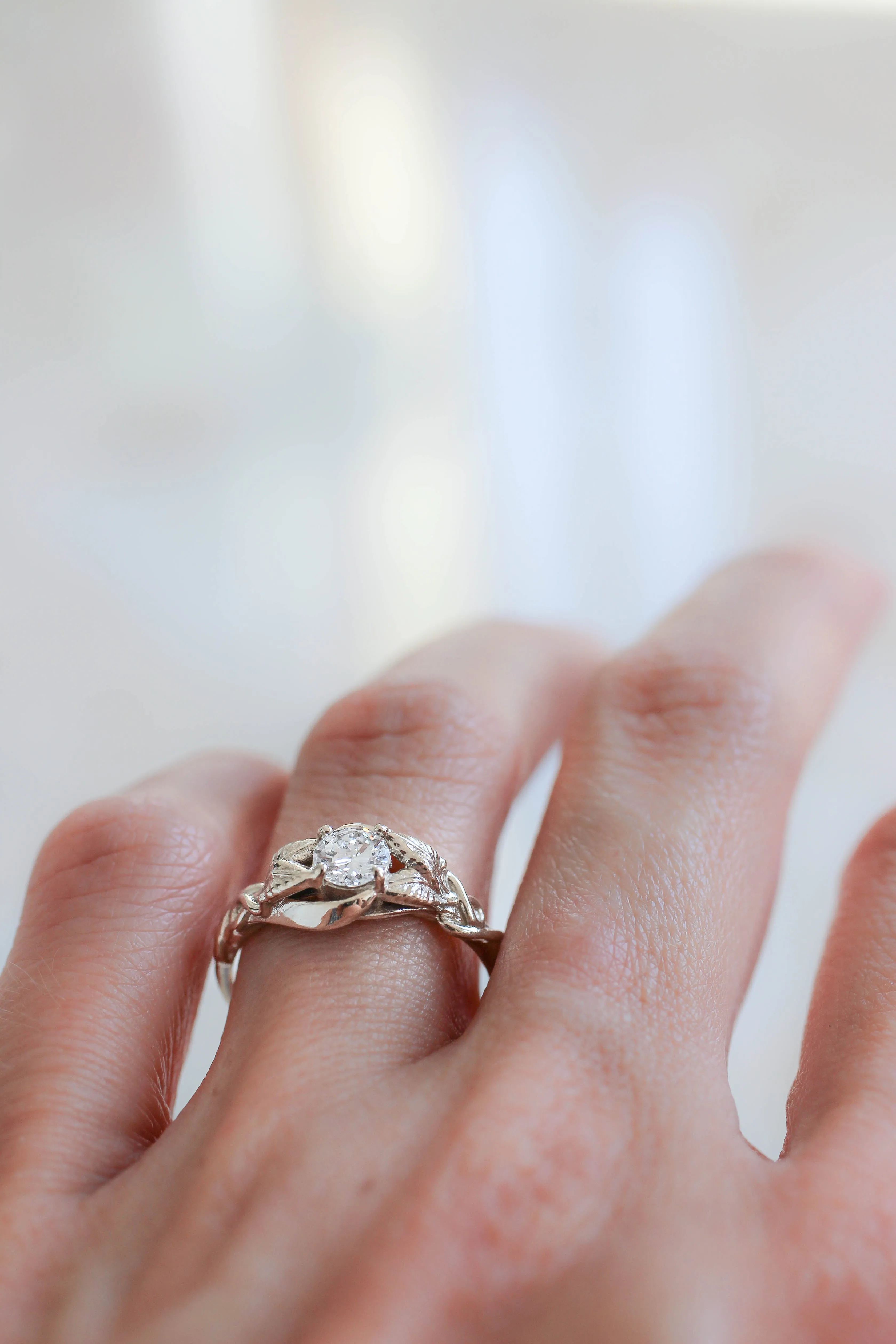 Lab grown diamond leaf engagement ring, rose gold nature inspired ring / Azalea