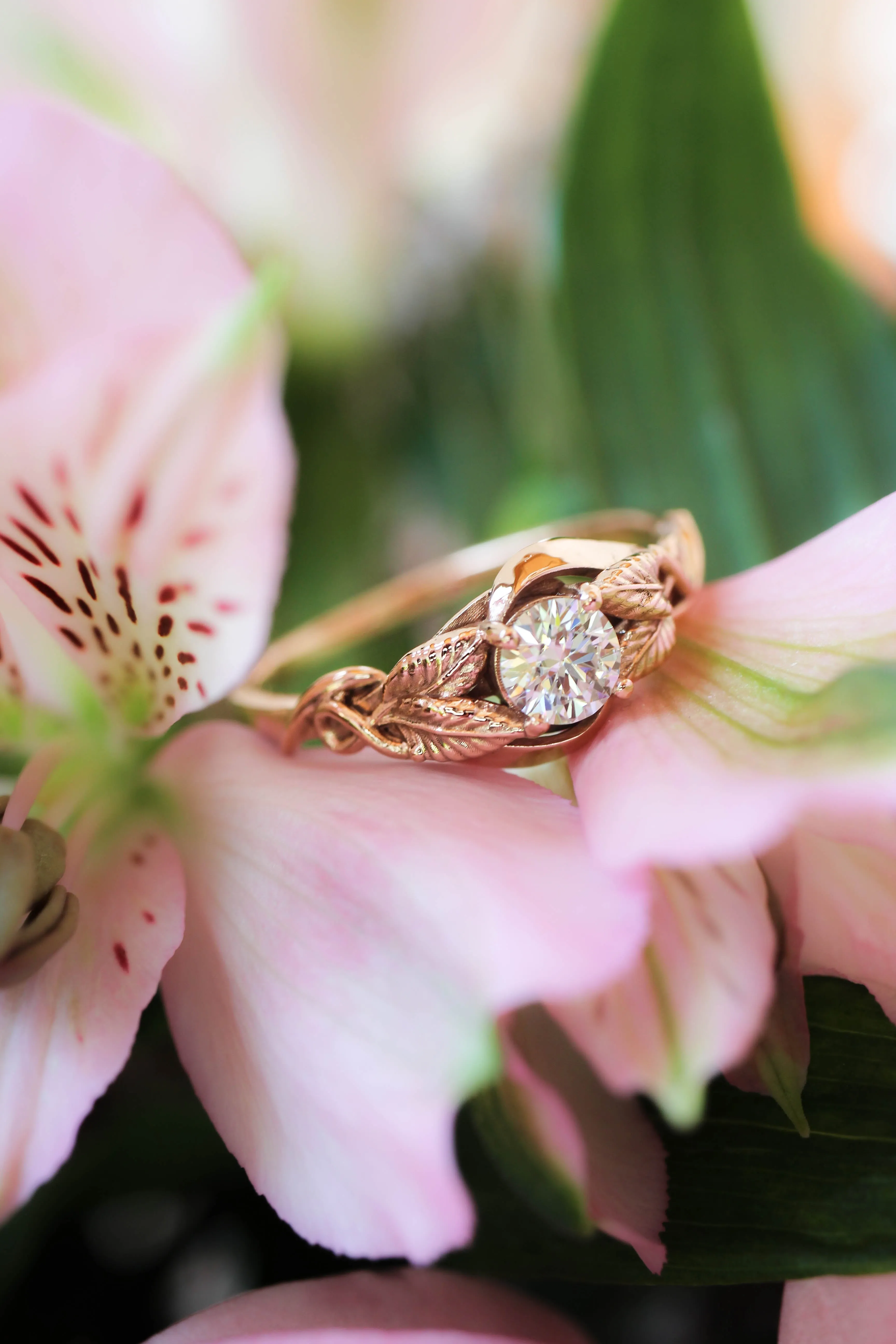 Lab grown diamond leaf engagement ring, rose gold nature inspired ring / Azalea