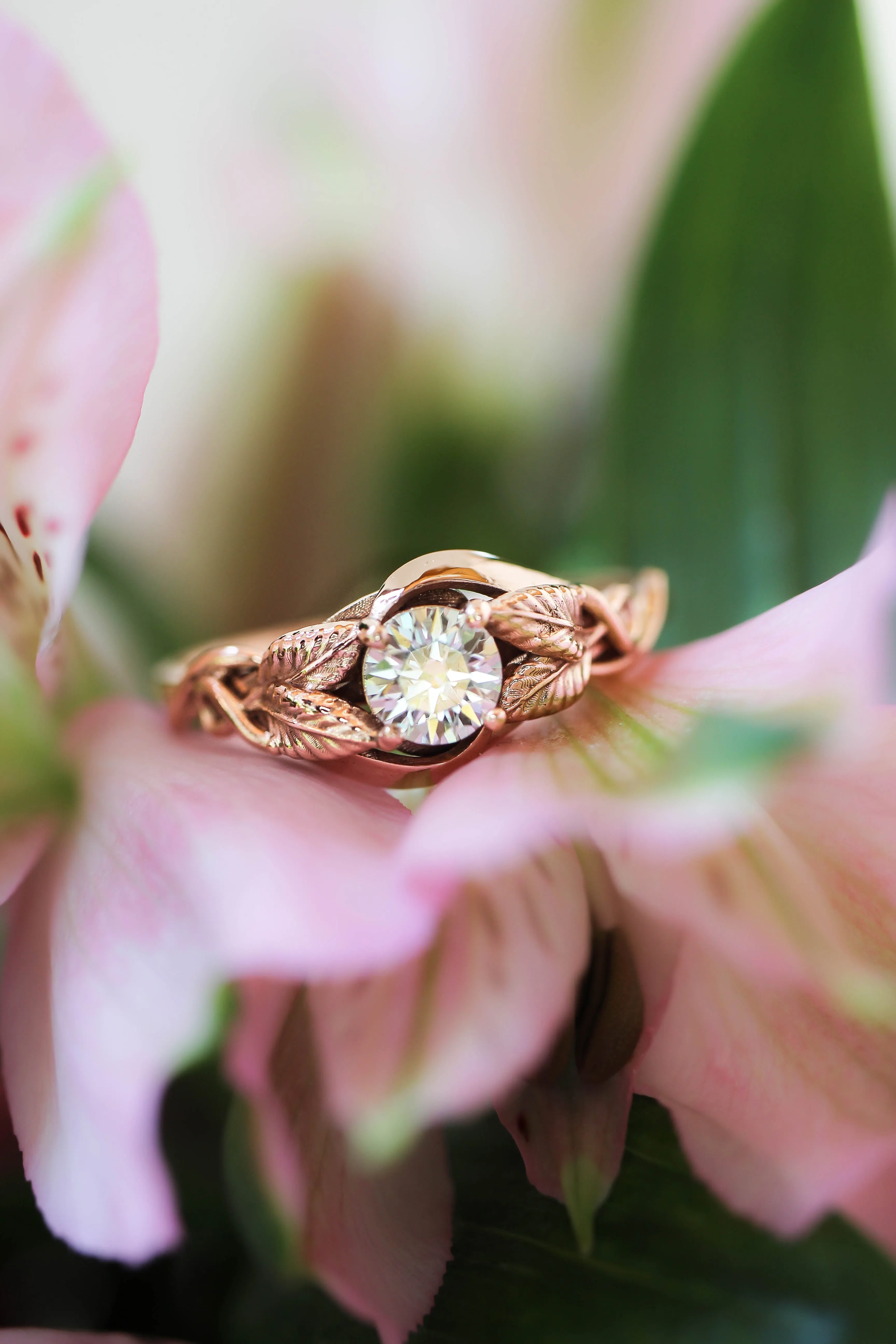 Lab grown diamond leaf engagement ring, rose gold nature inspired ring / Azalea