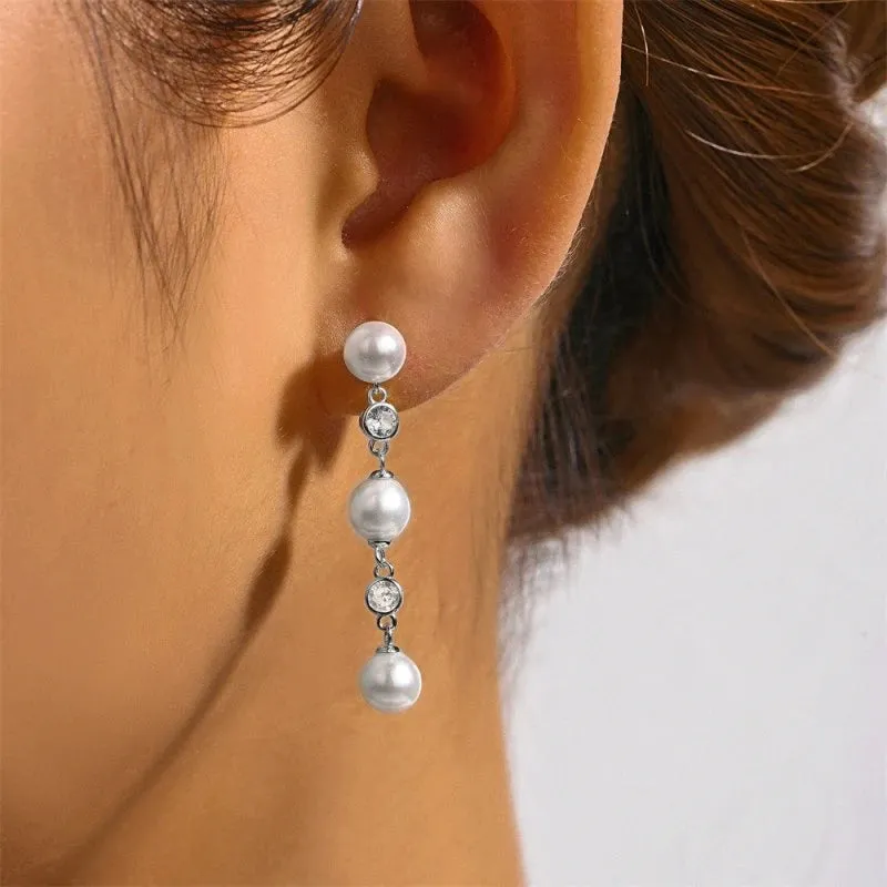 Long White Pearls Tassel Wedding  Drop Earrings