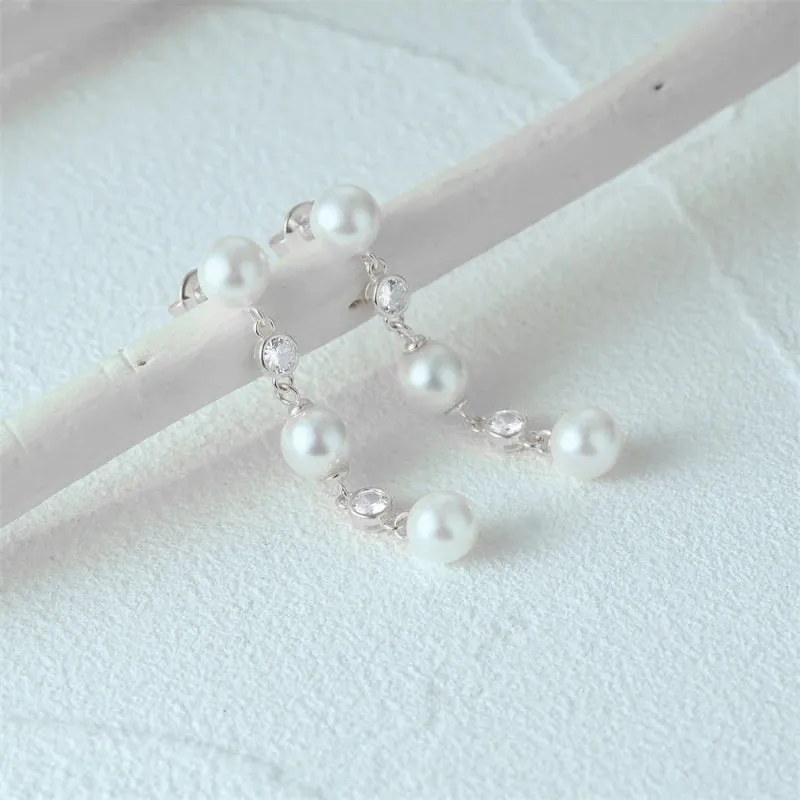 Long White Pearls Tassel Wedding  Drop Earrings