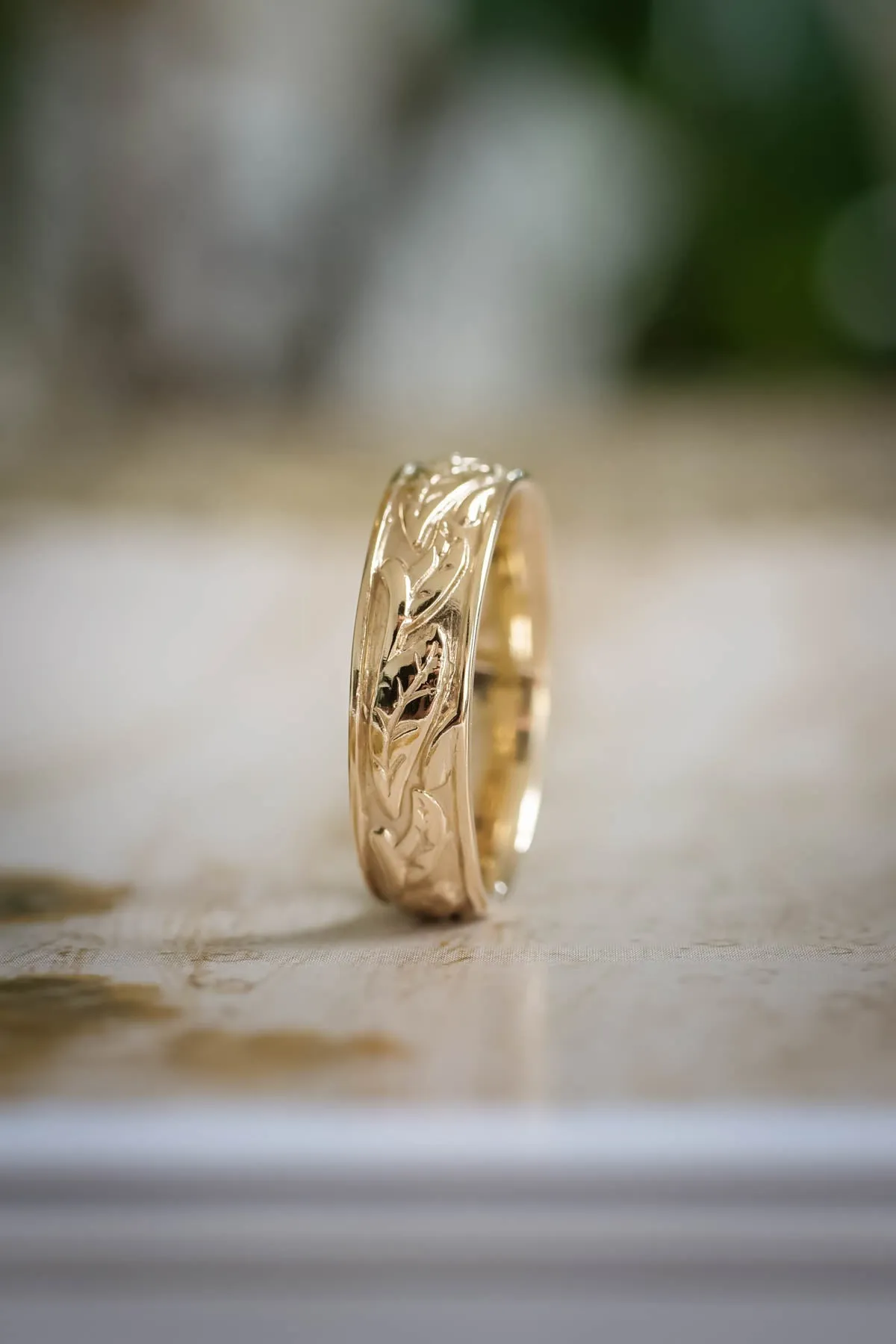 Man nature inspired wedding band, gold leaves wedding ring