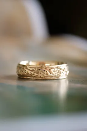 Man nature inspired wedding band, gold leaves wedding ring