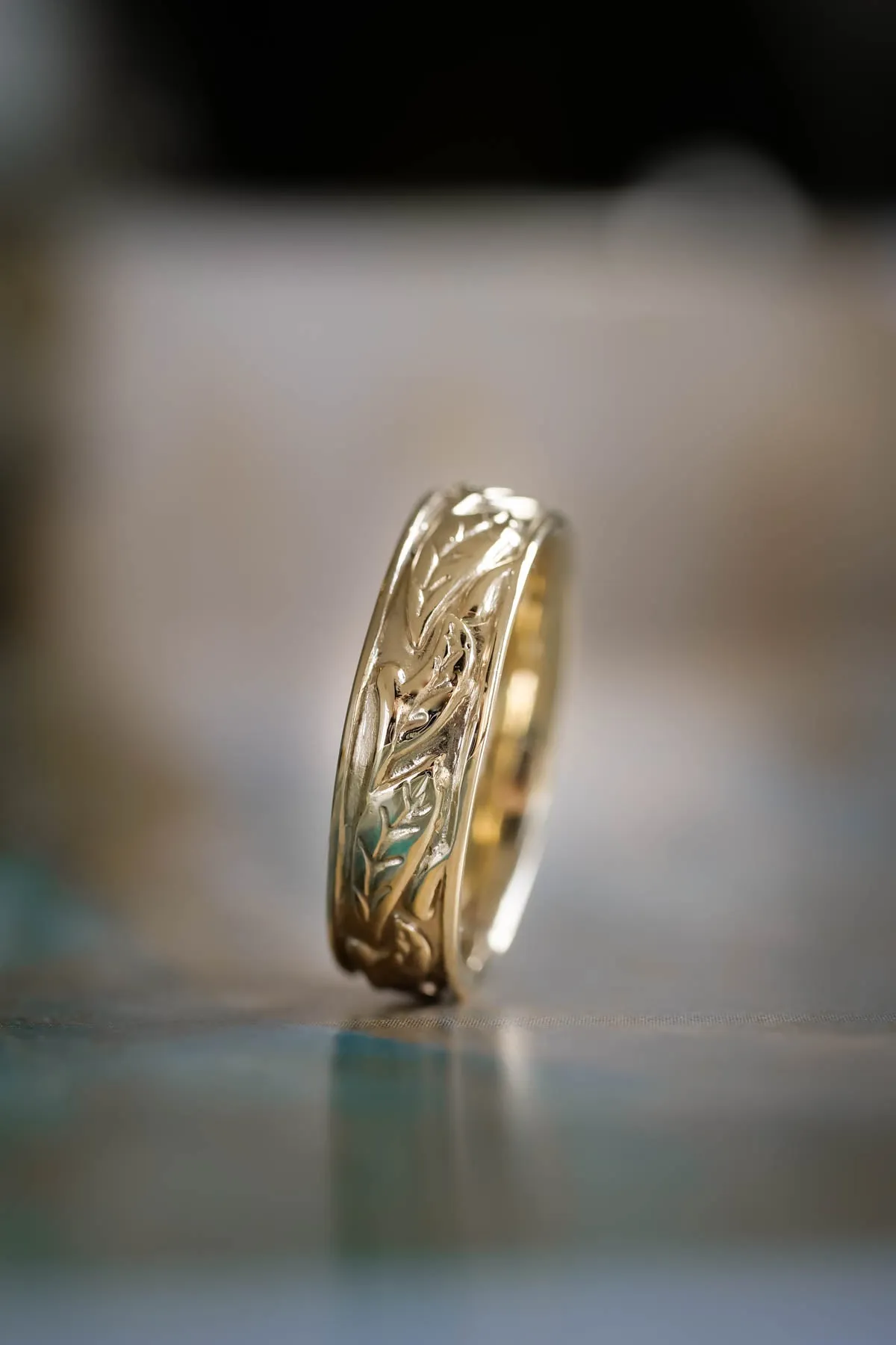 Man nature inspired wedding band, gold leaves wedding ring