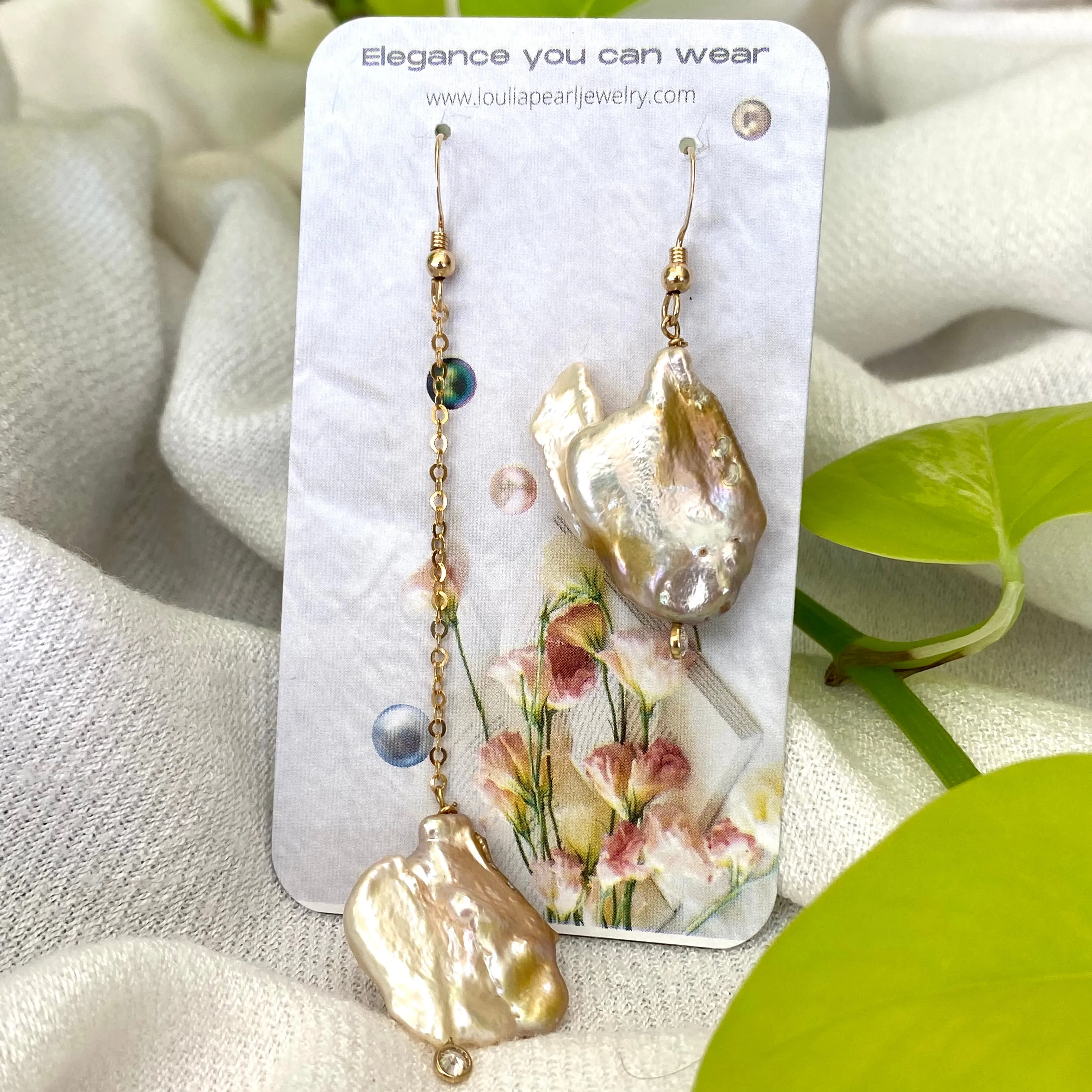 Mismatched Pearl Drop Earrings w Clear Cubic Zirconia and Gold Filled