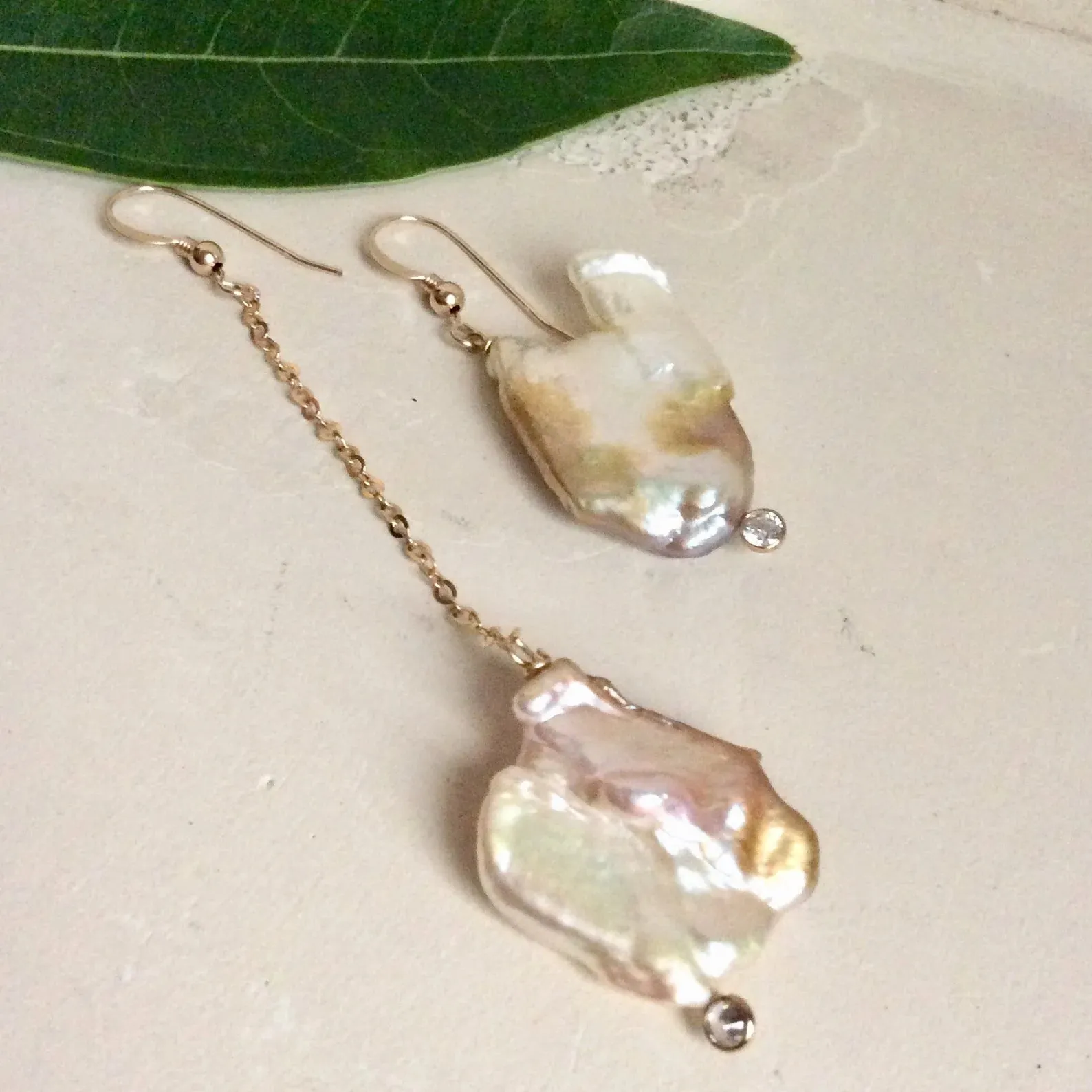 Mismatched Pearl Drop Earrings w Clear Cubic Zirconia and Gold Filled