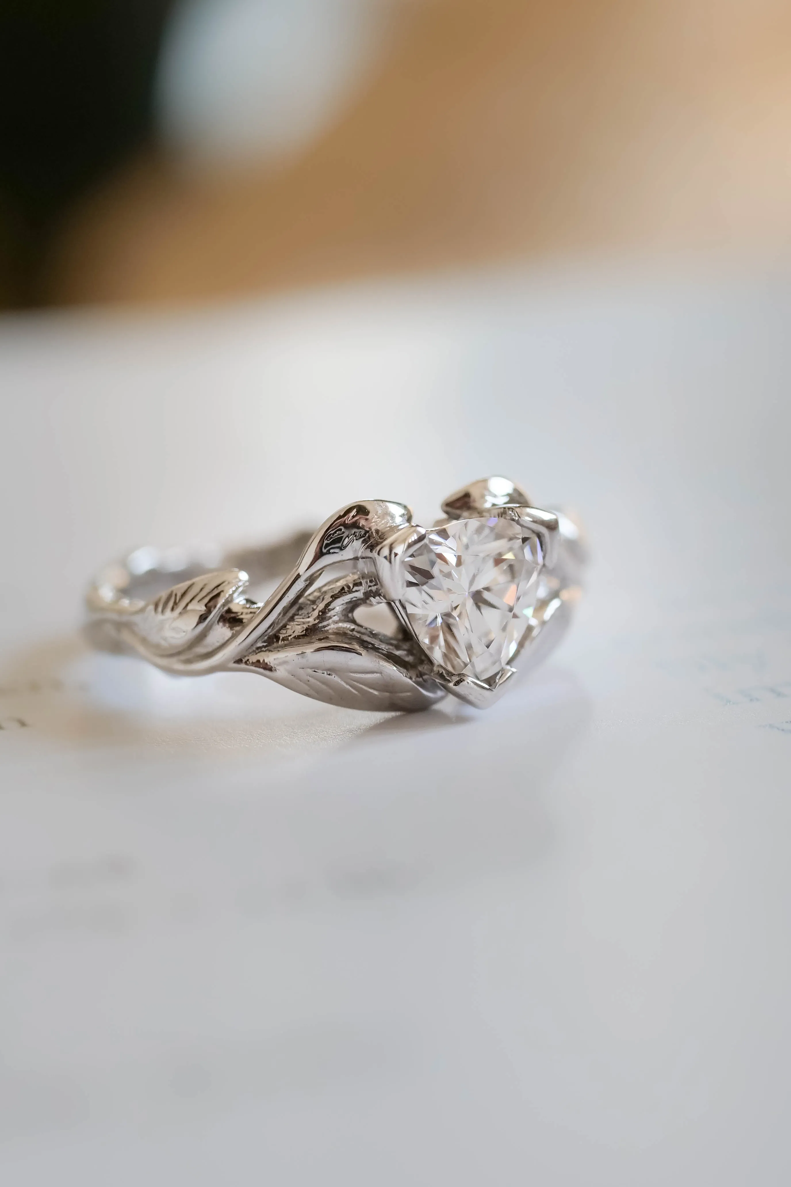 Moissanite gold engagement ring, trillion cut proposal ring / Clematis