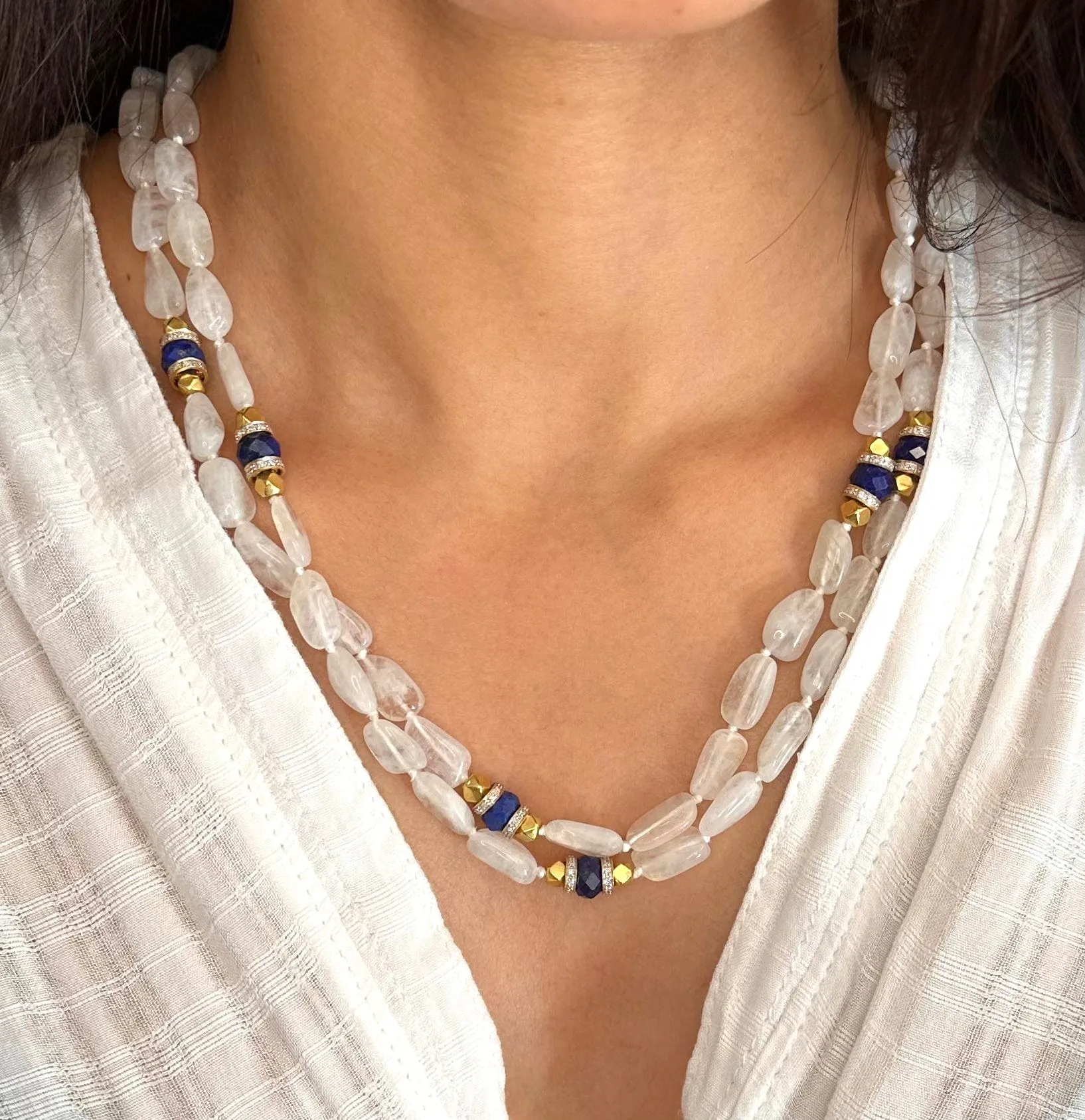 Moonstone, Lapis, 18K Beaded, & Diamond Necklace