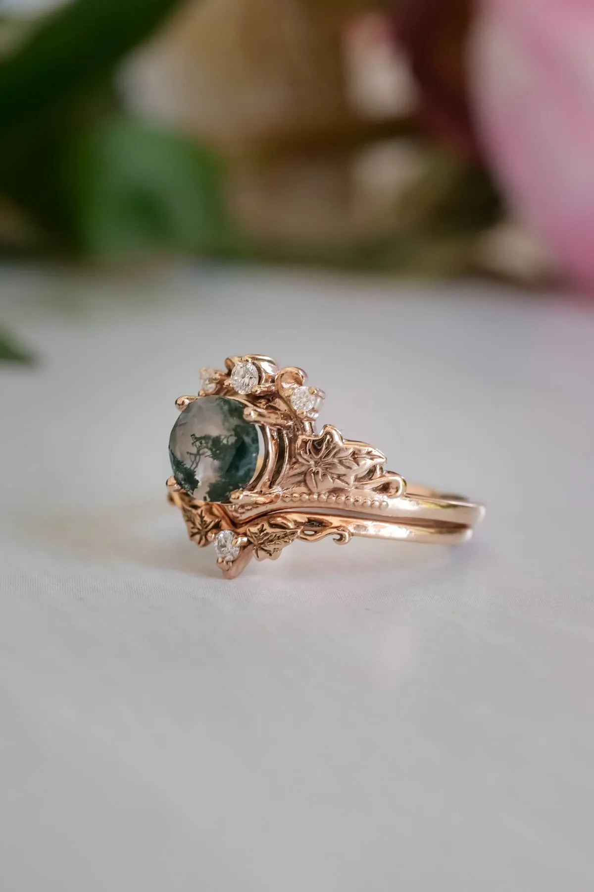 Moss agate gold ring set, diamond engagement ring set / Ariadne