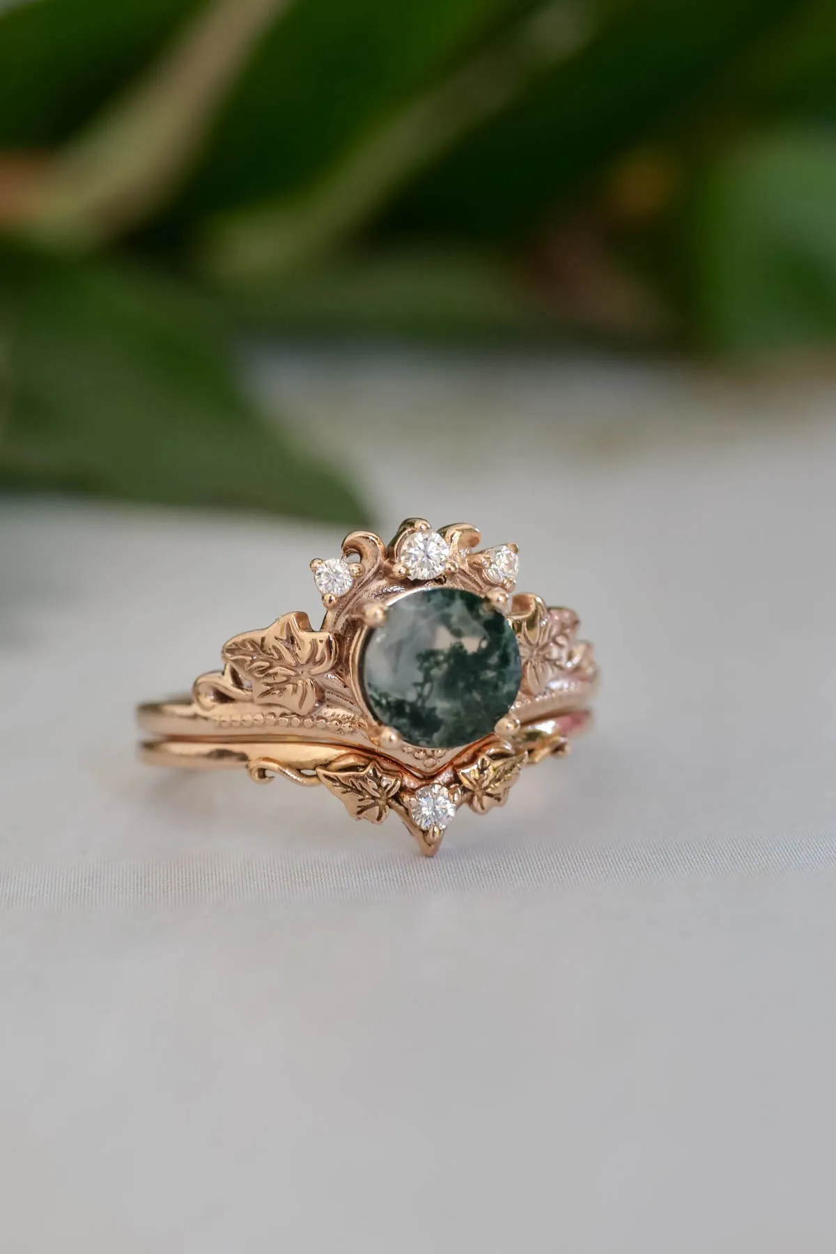 Moss agate gold ring set, diamond engagement ring set / Ariadne