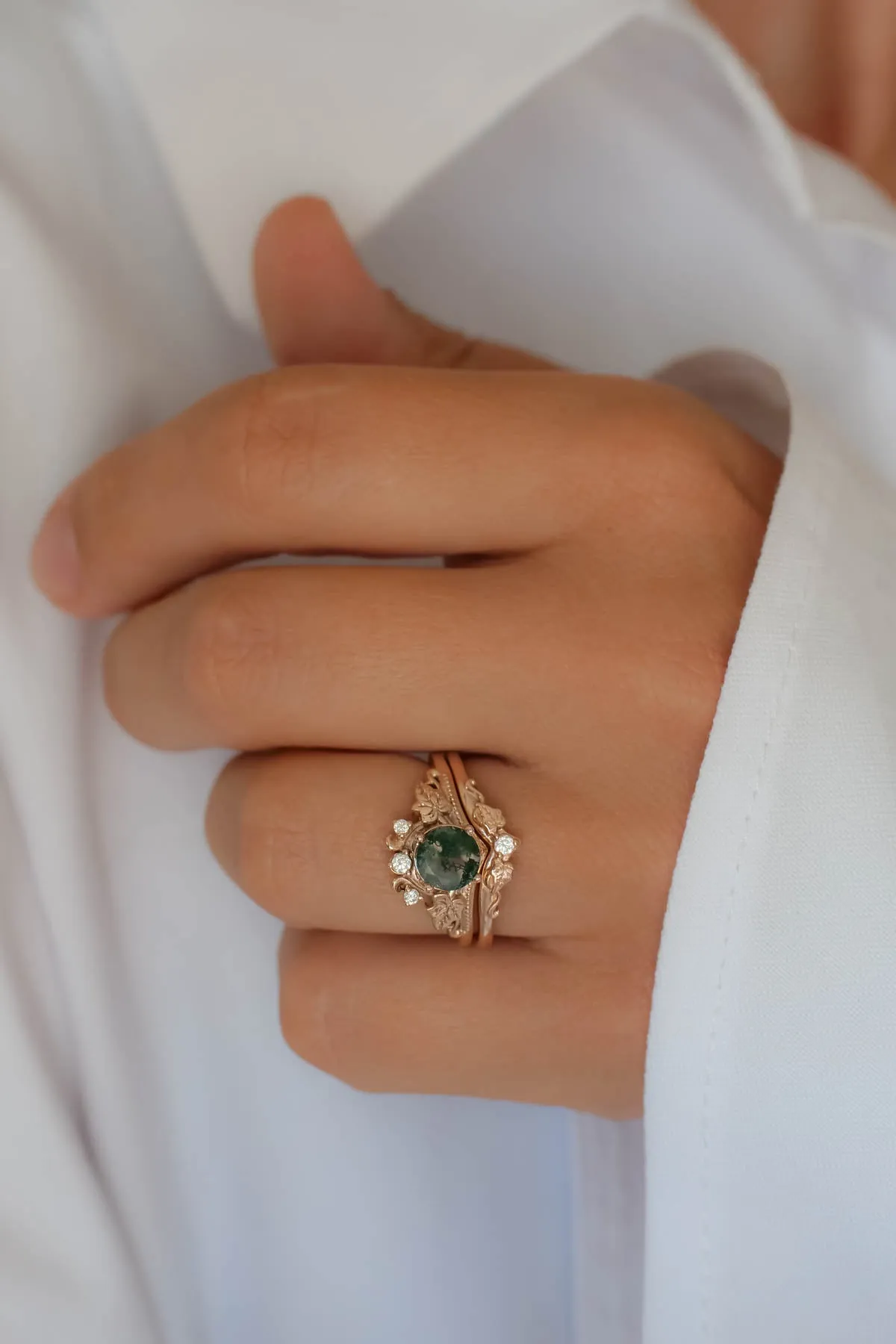 Moss agate gold ring set, diamond engagement ring set / Ariadne