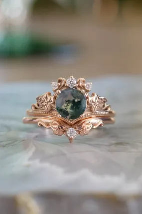 Moss agate gold ring set, diamond engagement ring set / Ariadne