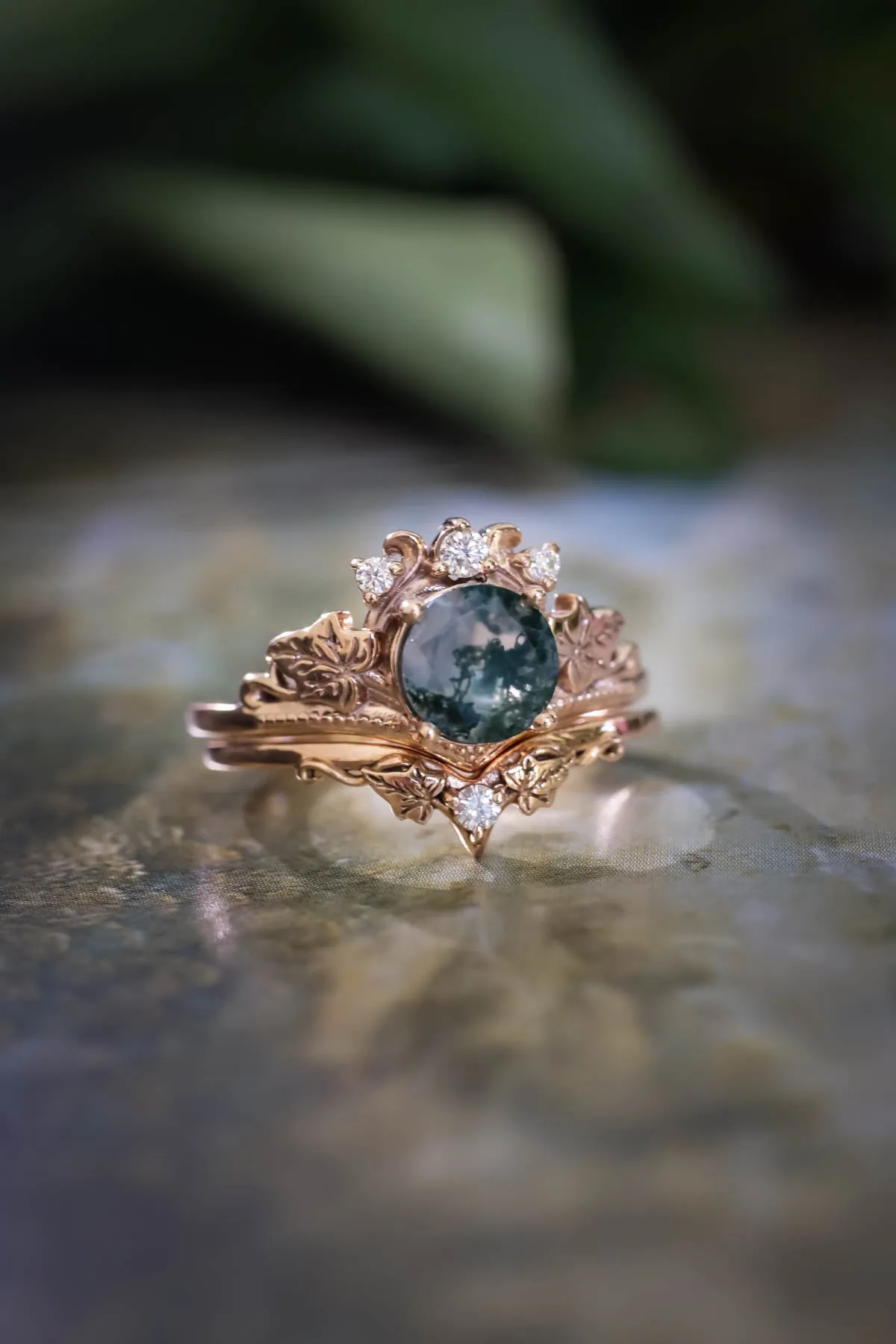 Moss agate gold ring set, diamond engagement ring set / Ariadne