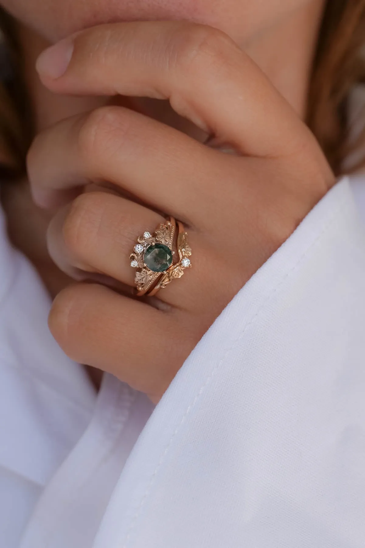 Moss agate gold ring set, diamond engagement ring set / Ariadne