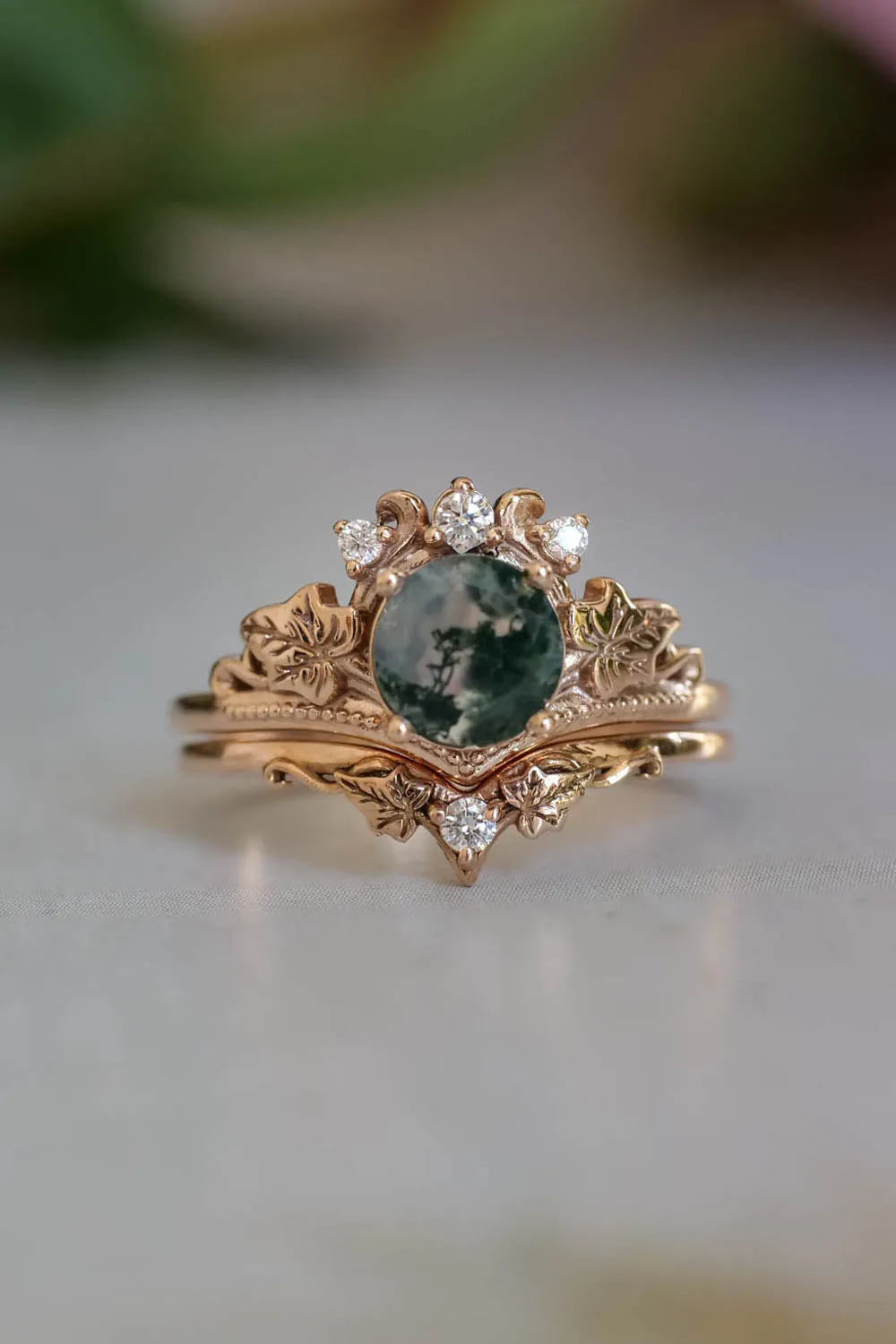 Moss agate gold ring set, diamond engagement ring set / Ariadne