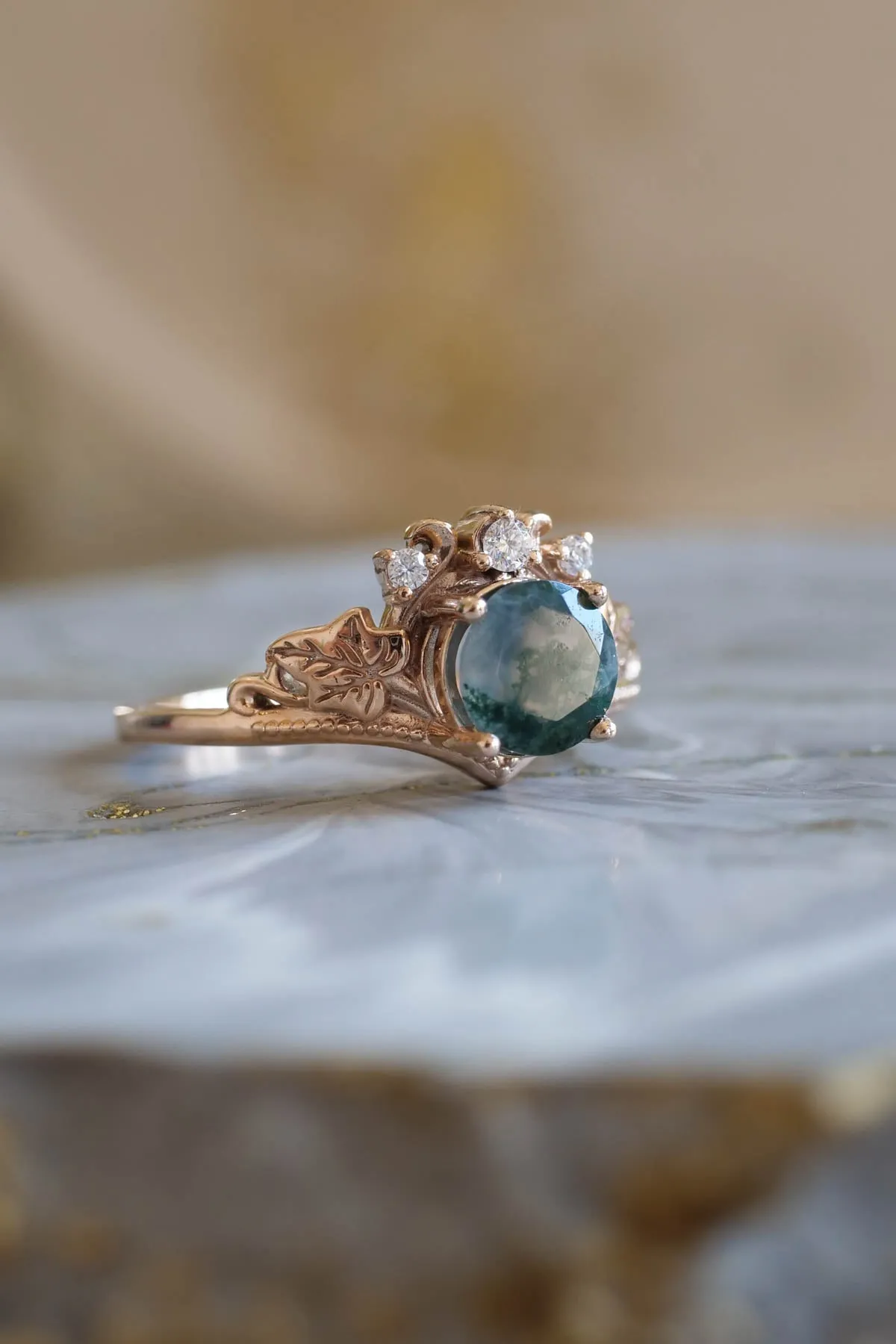 Moss agate gold ring set, diamond engagement ring set / Ariadne