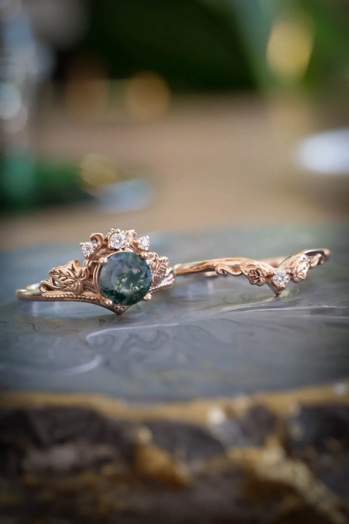 Moss agate gold ring set, diamond engagement ring set / Ariadne