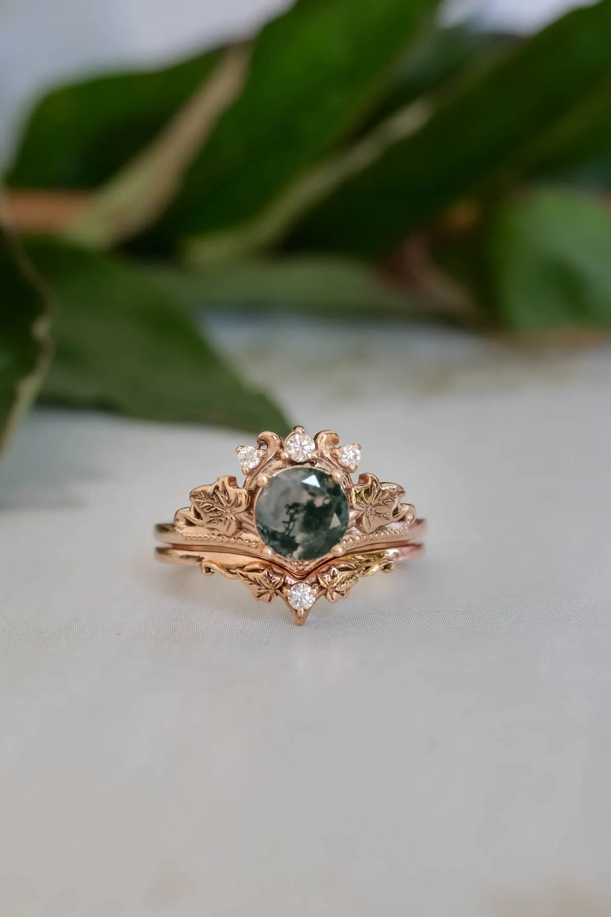 Moss agate gold ring set, diamond engagement ring set / Ariadne