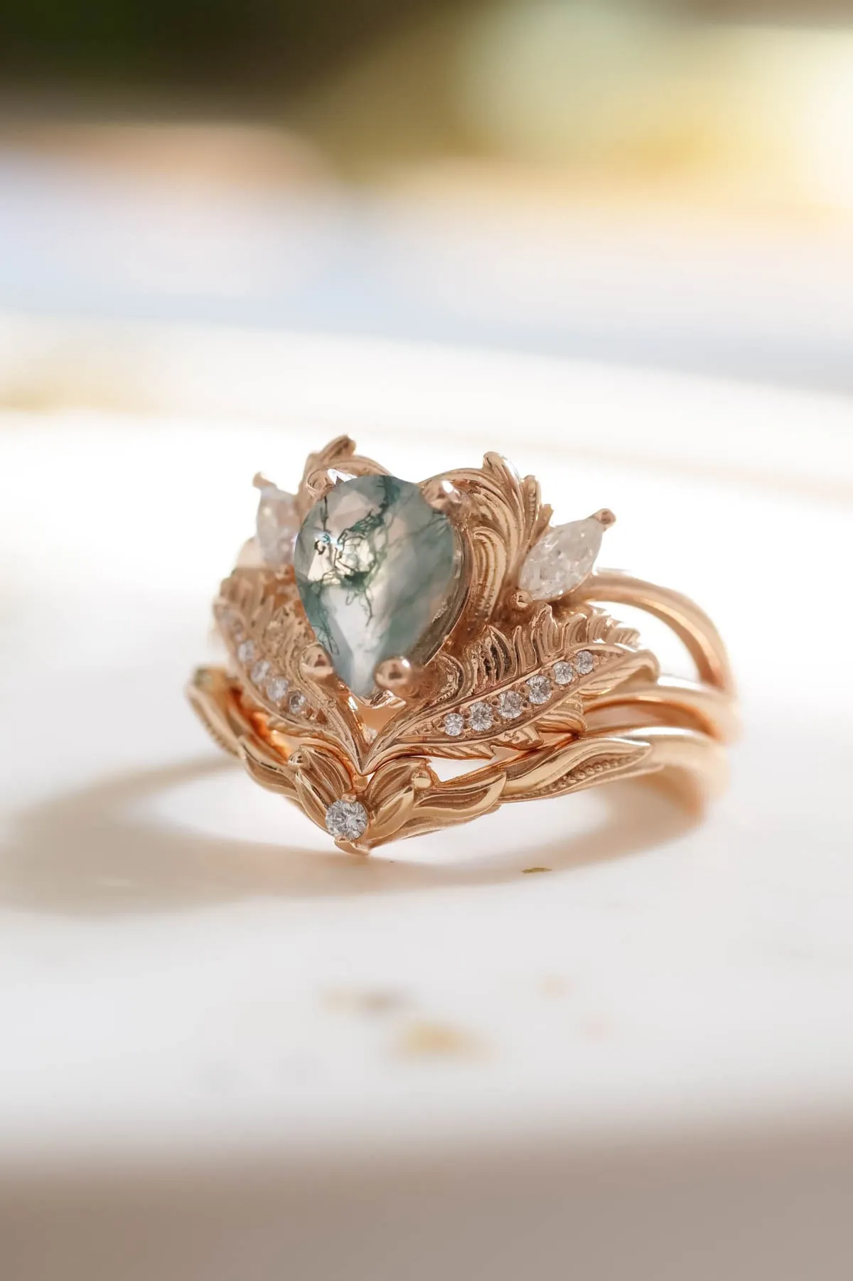 Natural moss agate bridal ring set, rose gold engagement rings with diamonds / Adonis