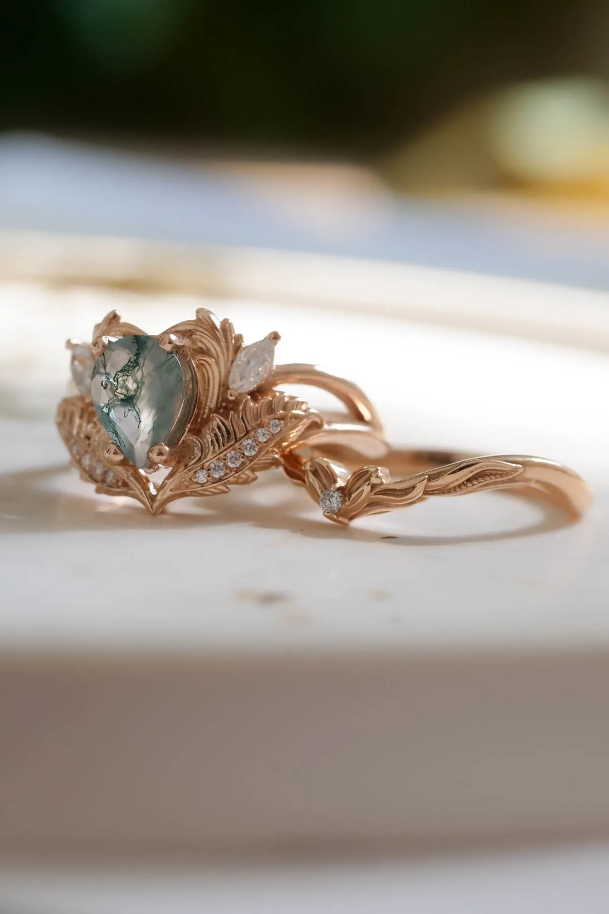 Natural moss agate bridal ring set, rose gold engagement rings with diamonds / Adonis