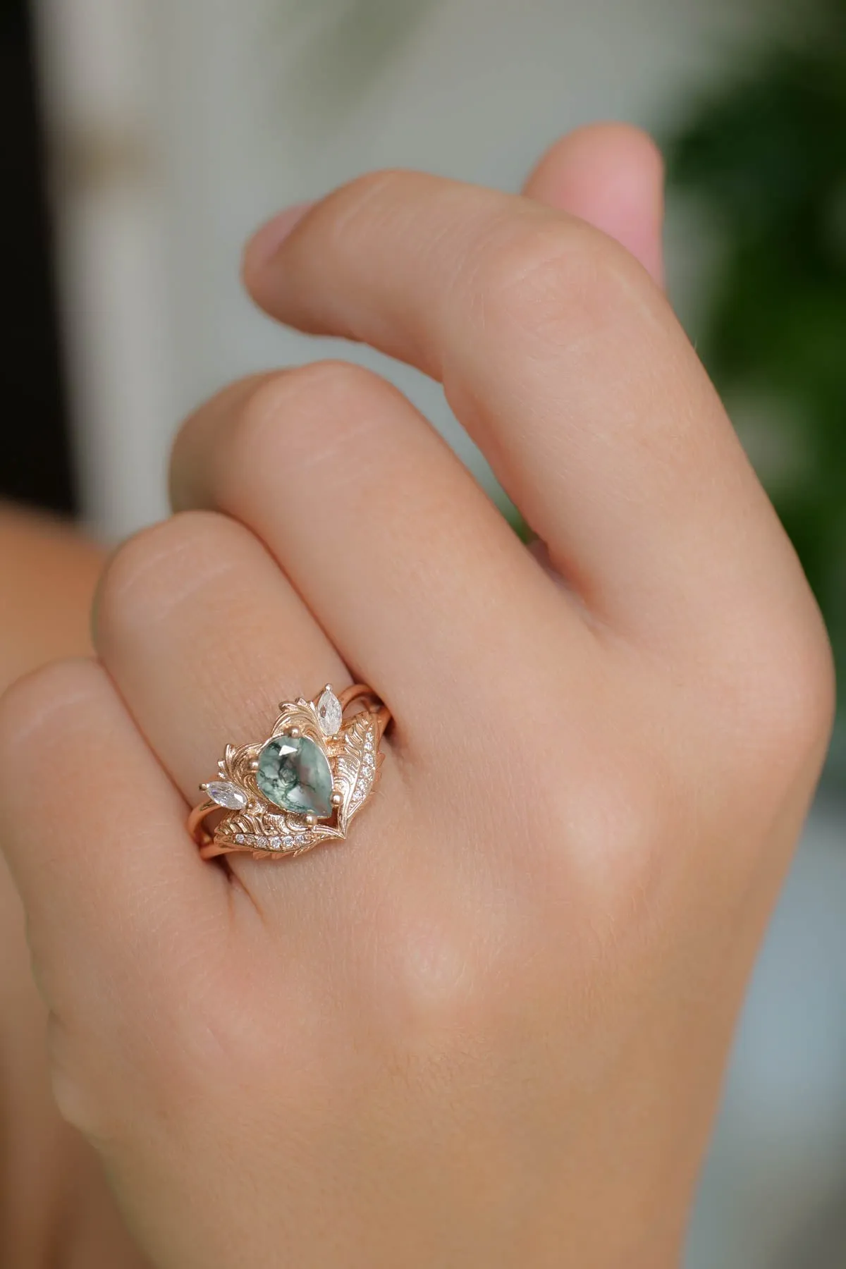 Natural moss agate bridal ring set, rose gold engagement rings with diamonds / Adonis