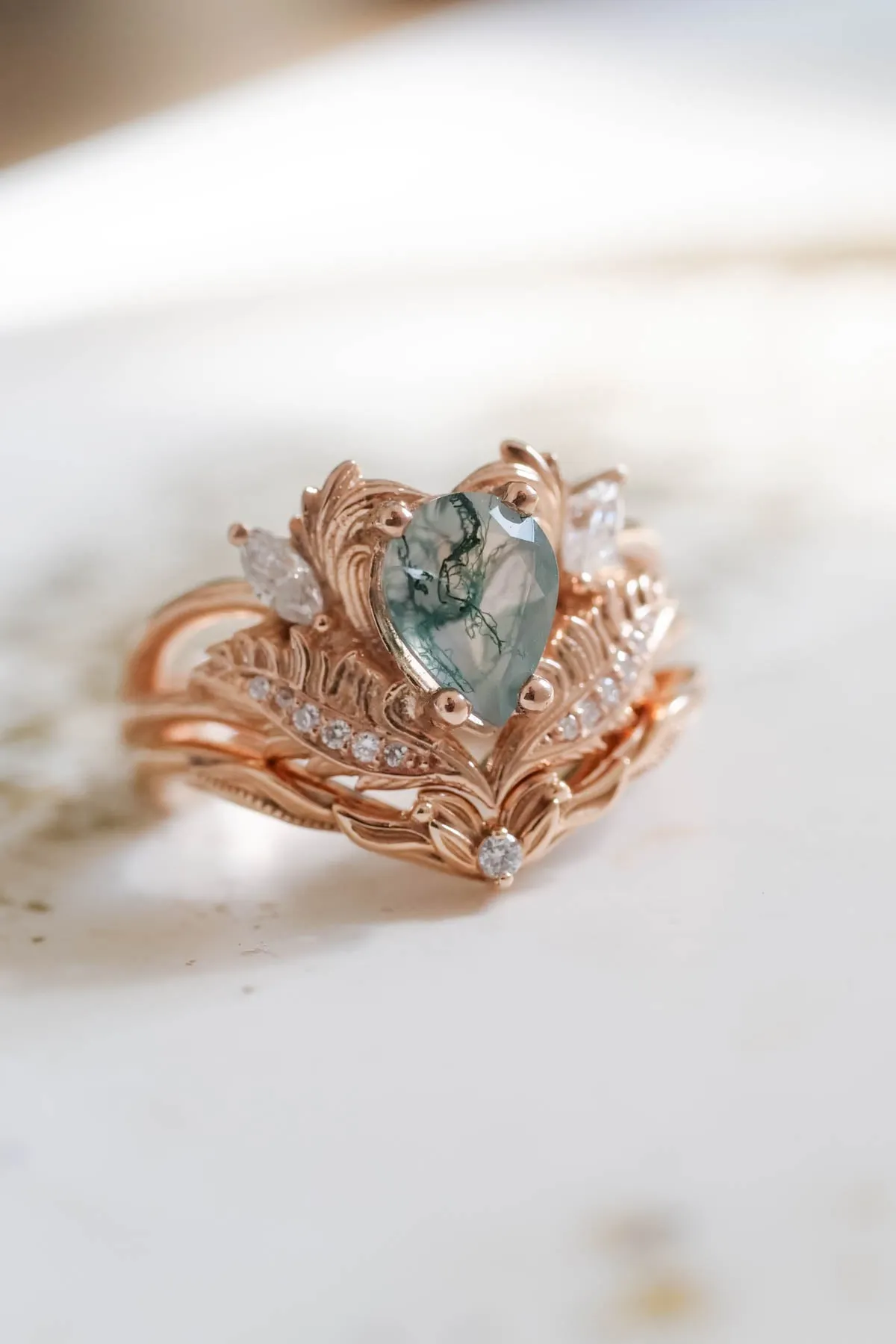 Natural moss agate bridal ring set, rose gold engagement rings with diamonds / Adonis