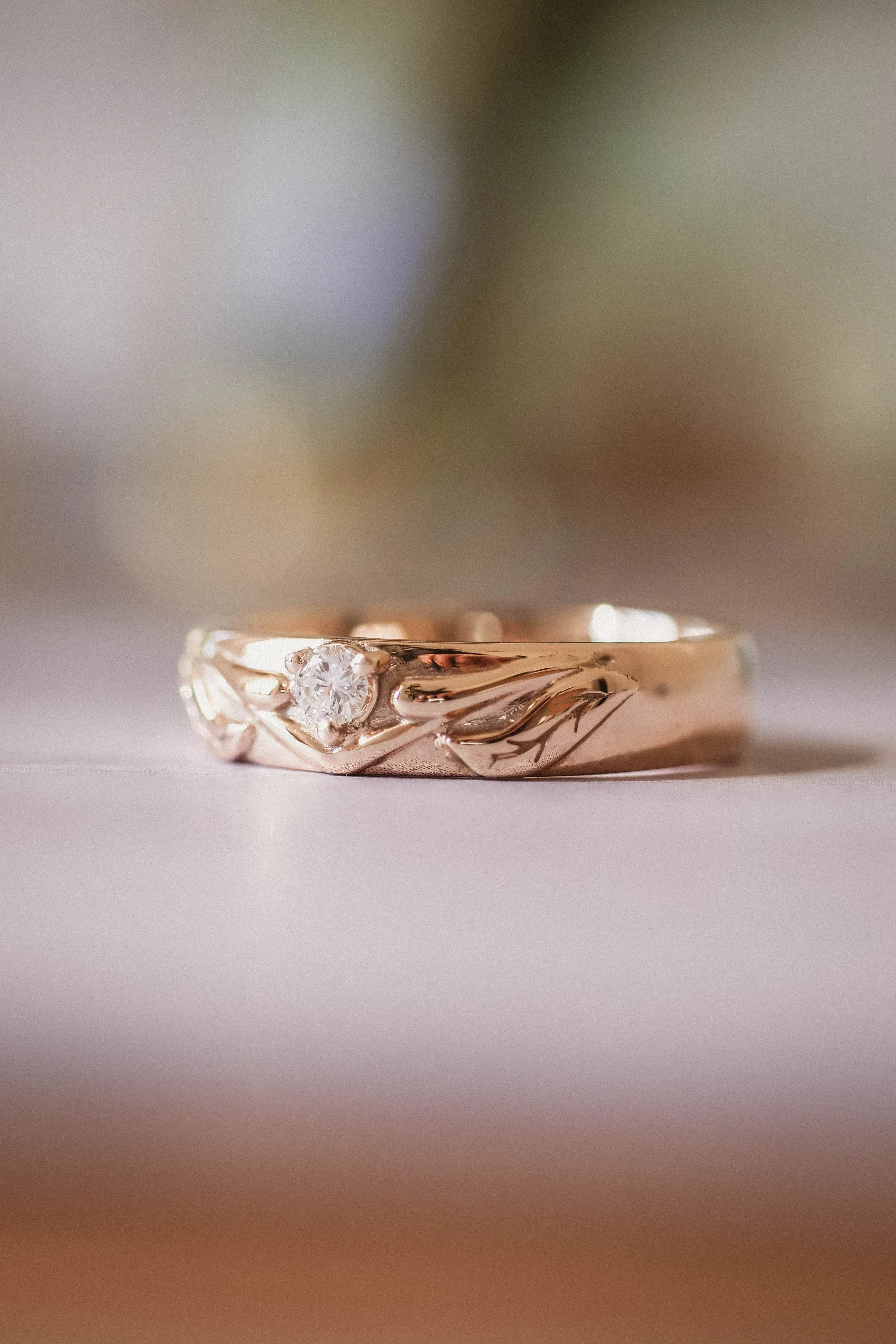 Nature wedding band with diamond / Wisteria