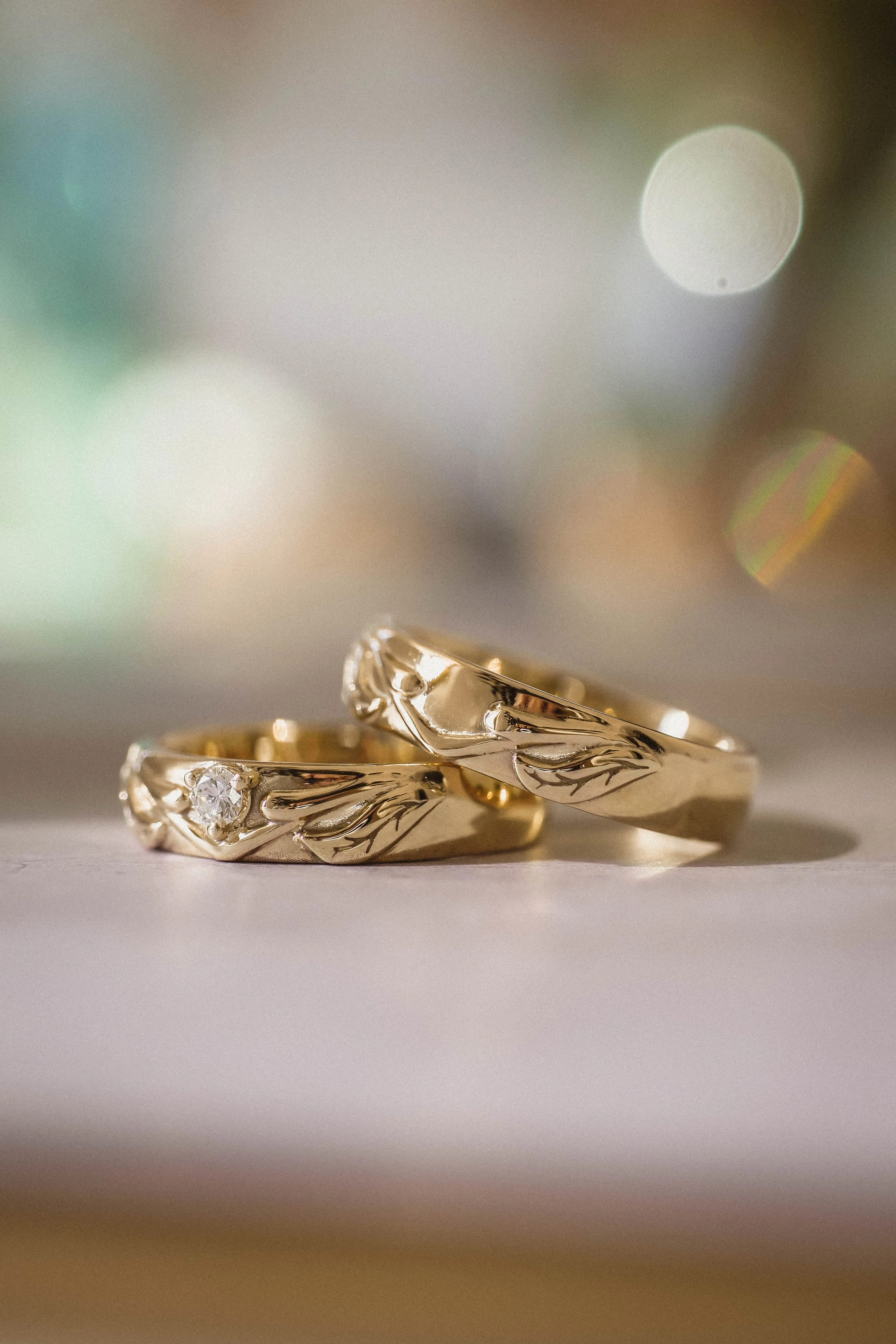 Nature wedding band with diamond / Wisteria