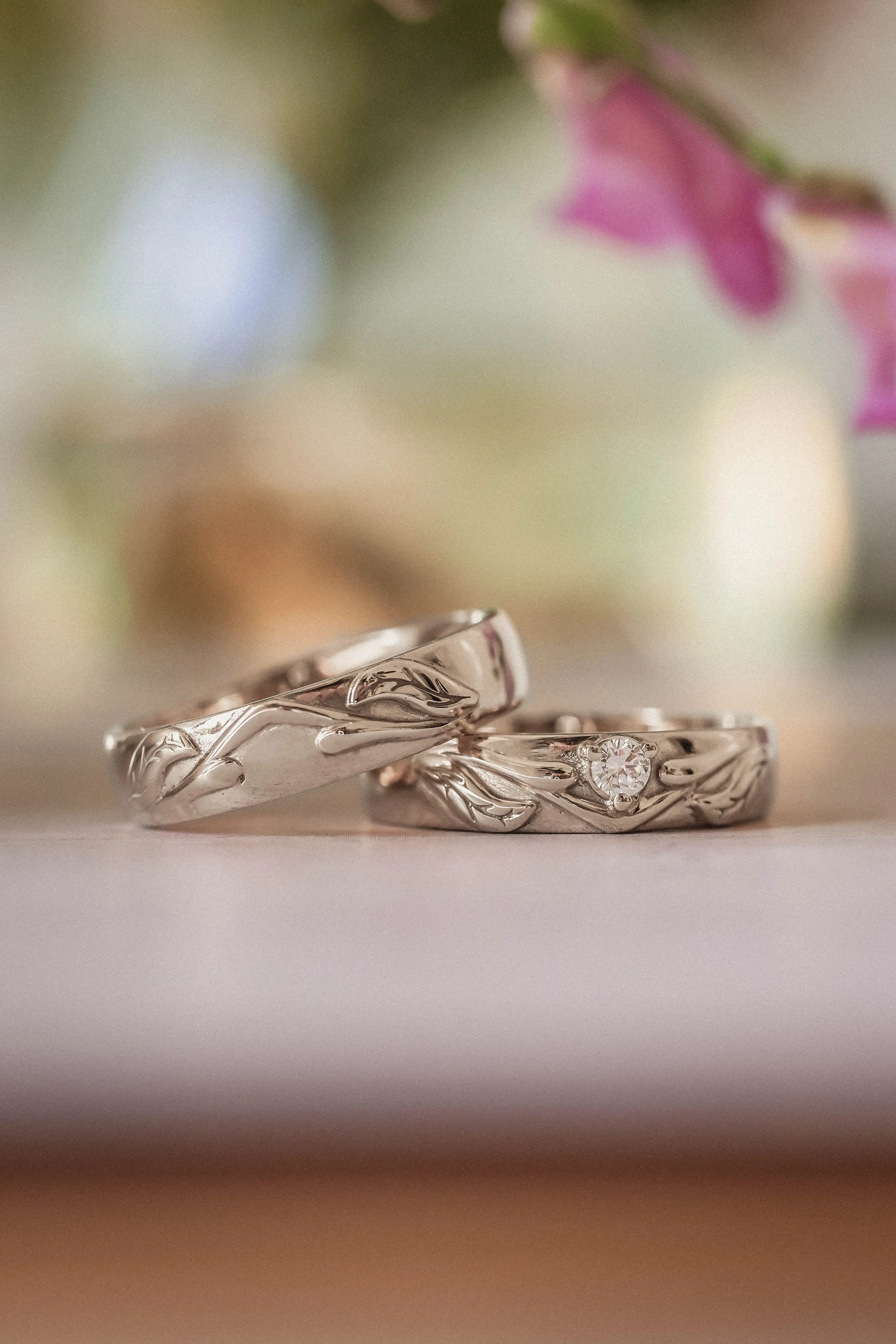 Nature wedding band with diamond / Wisteria