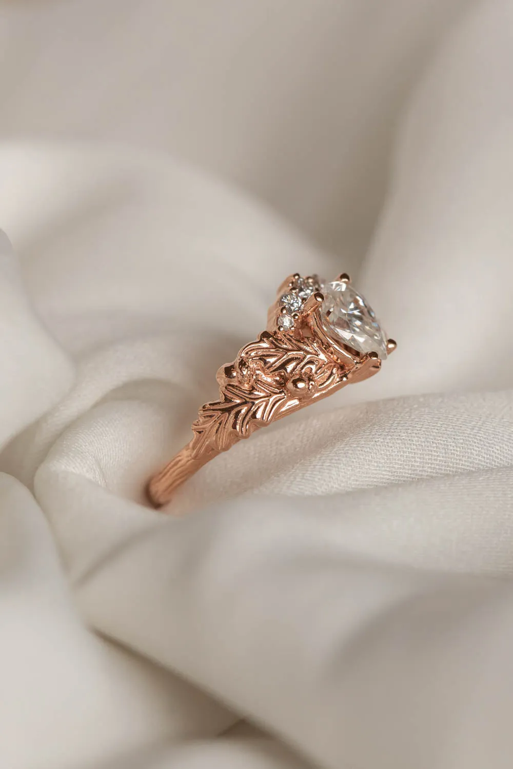 Oak tree leaves lab grown diamond engagement ring, diamond crown rose gold ring / Royal Oak