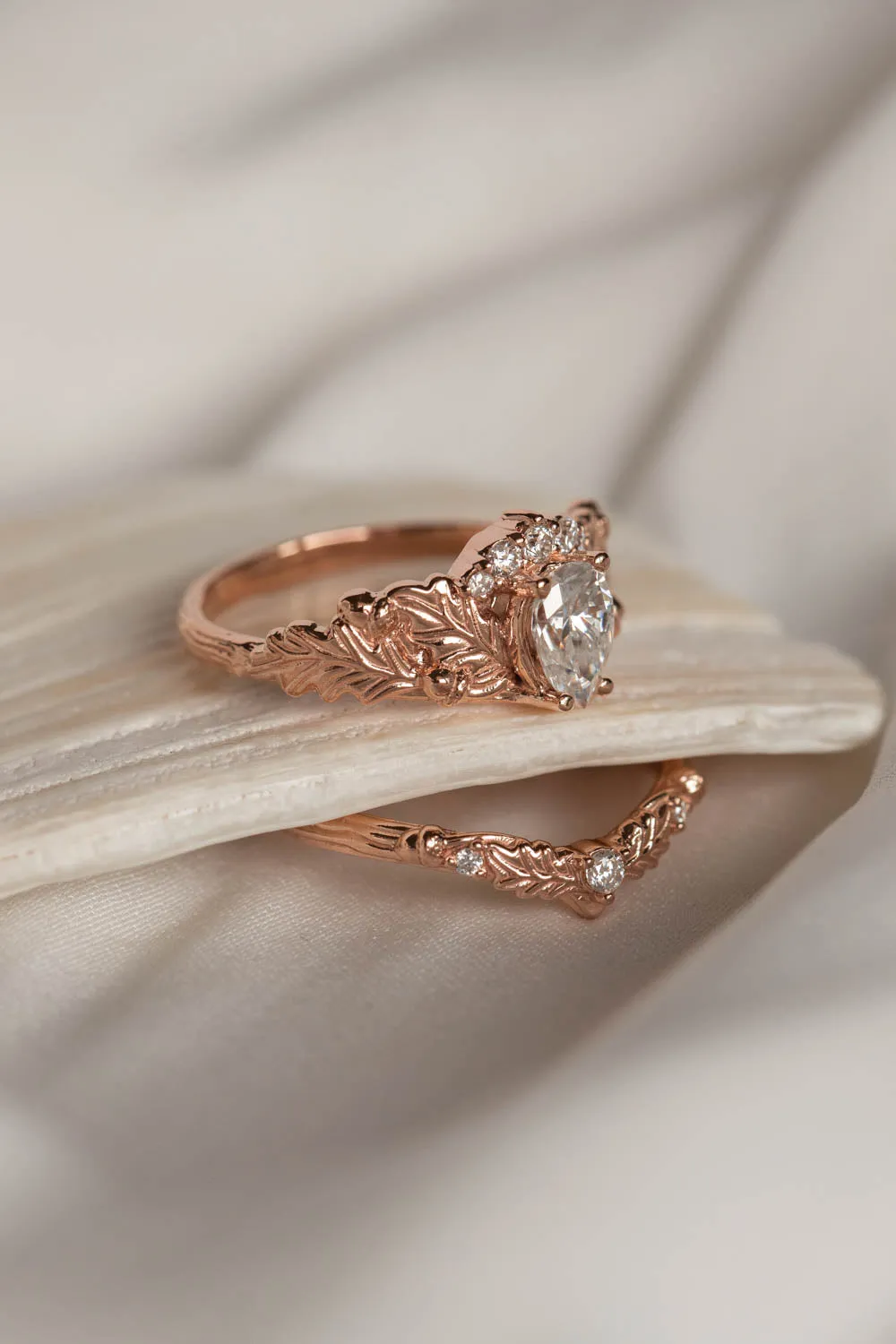 Oak tree leaves lab grown diamond engagement ring, diamond crown rose gold ring / Royal Oak