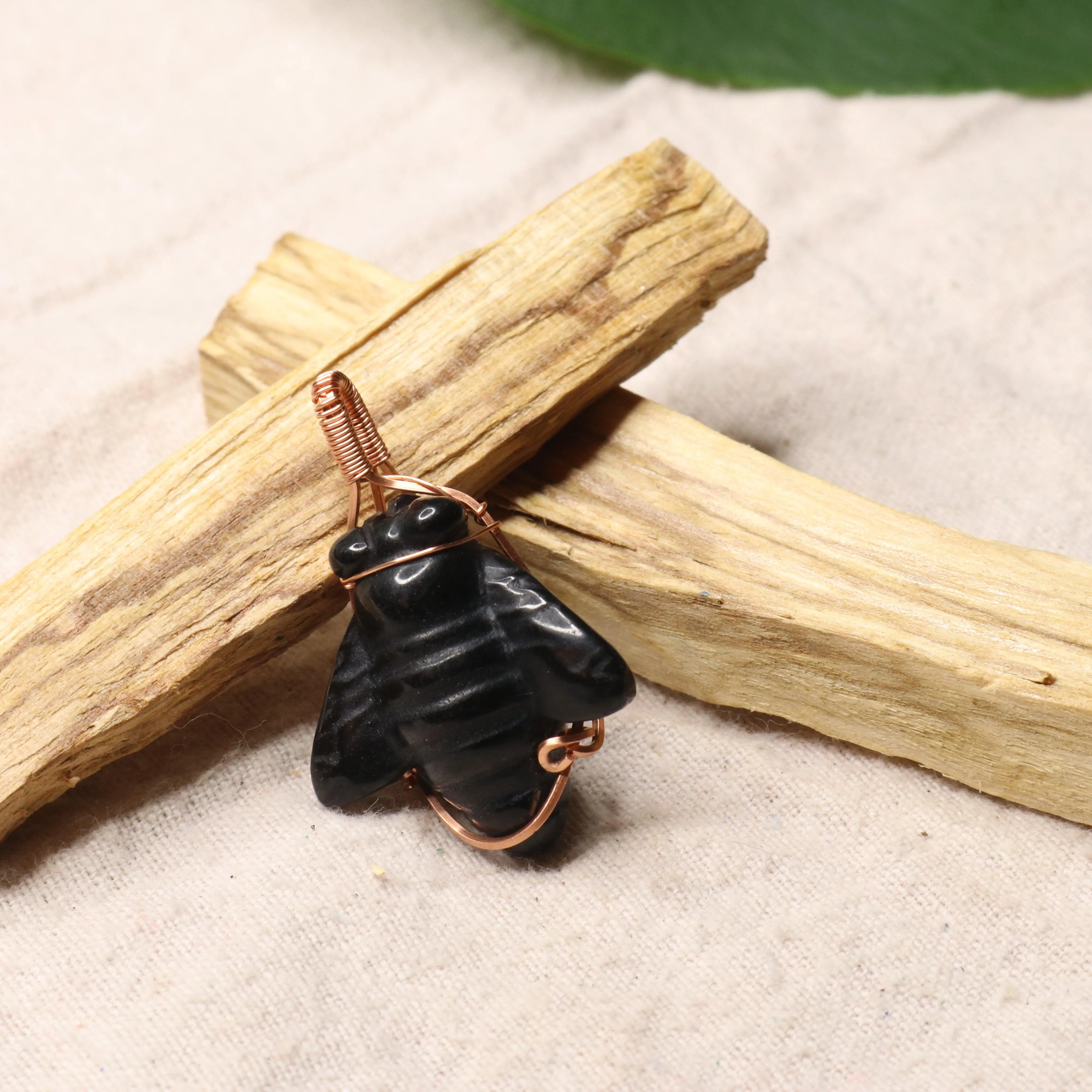 Obsidian Bee Carving Copper Wire Wrapped Pendant ~ Includes Necklace Cord