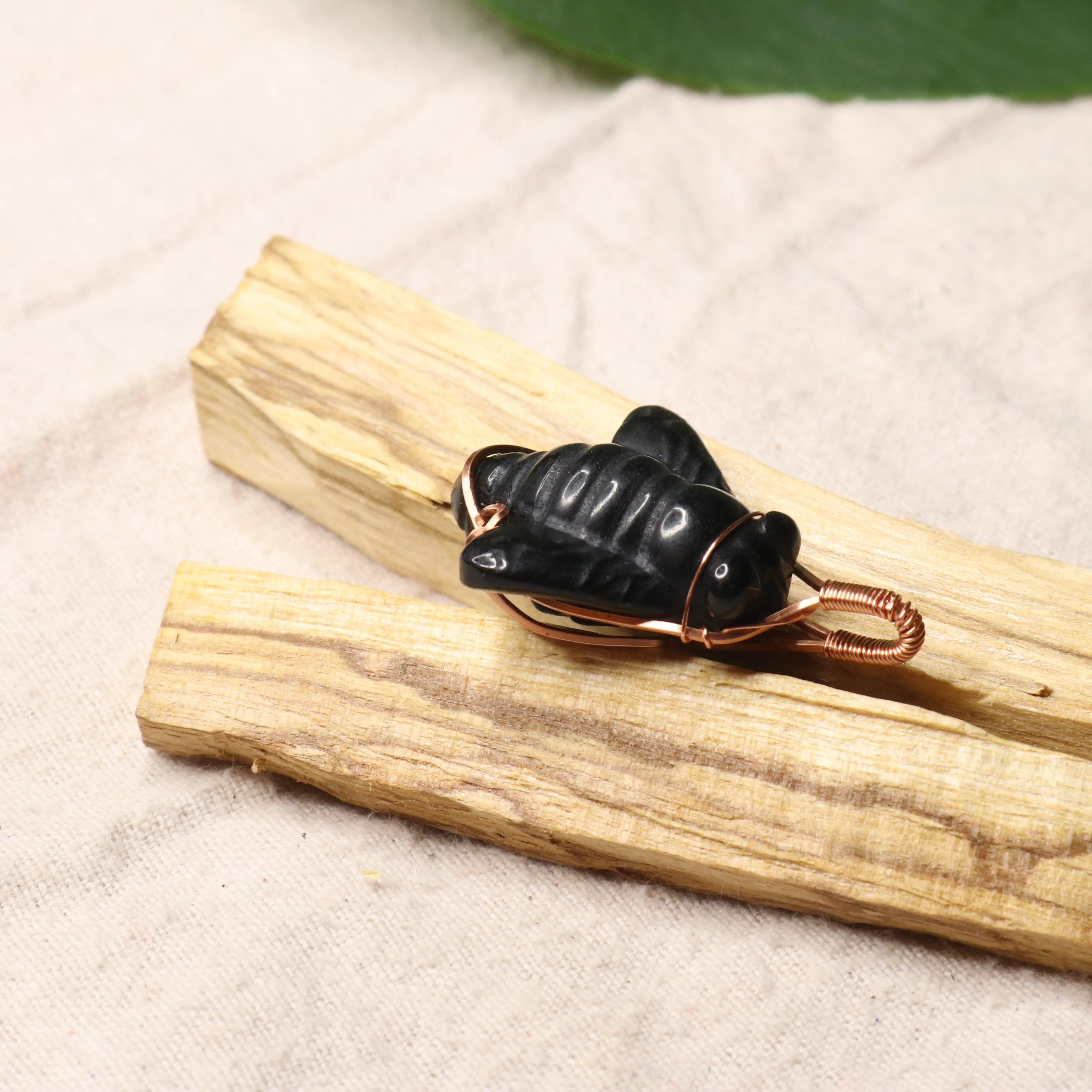 Obsidian Bee Carving Copper Wire Wrapped Pendant ~ Includes Necklace Cord