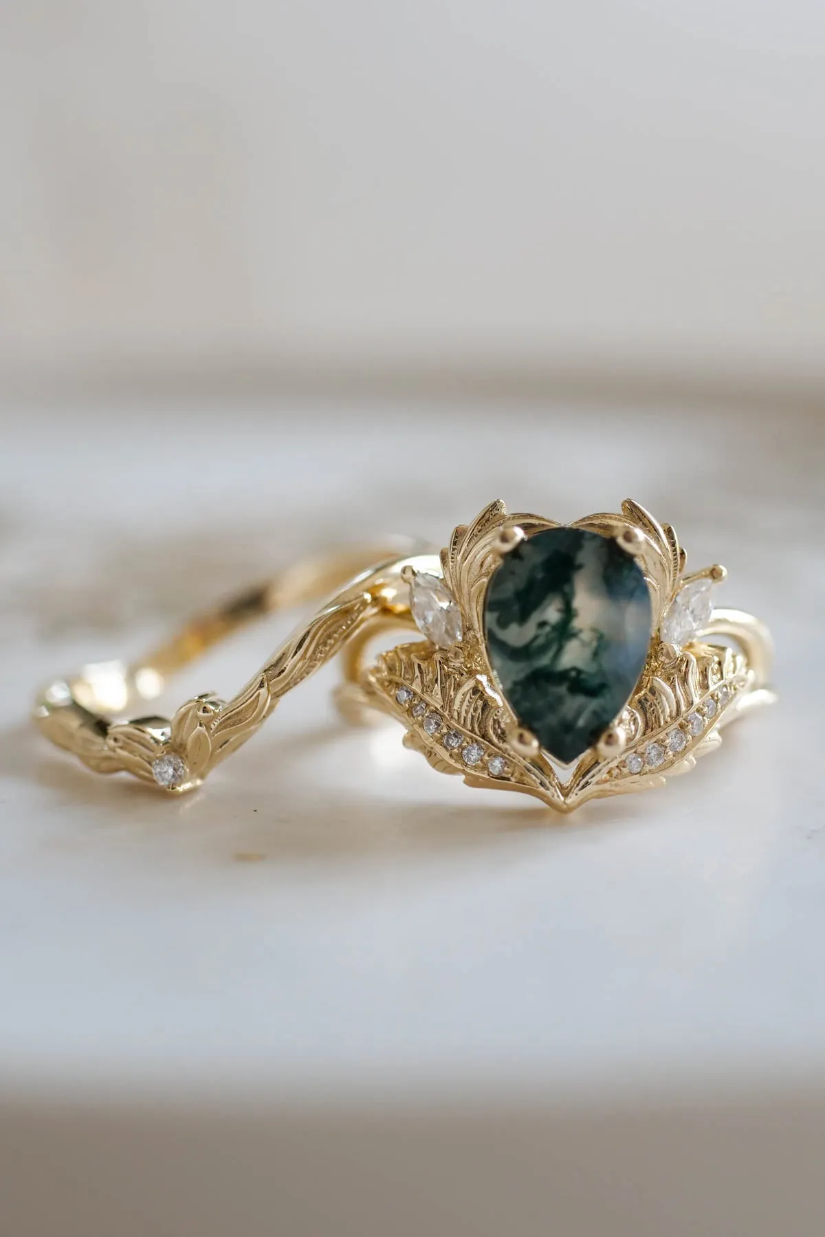 One of a kind moss agate engagement ring, unique gold proposal ring with diamonds / Adonis