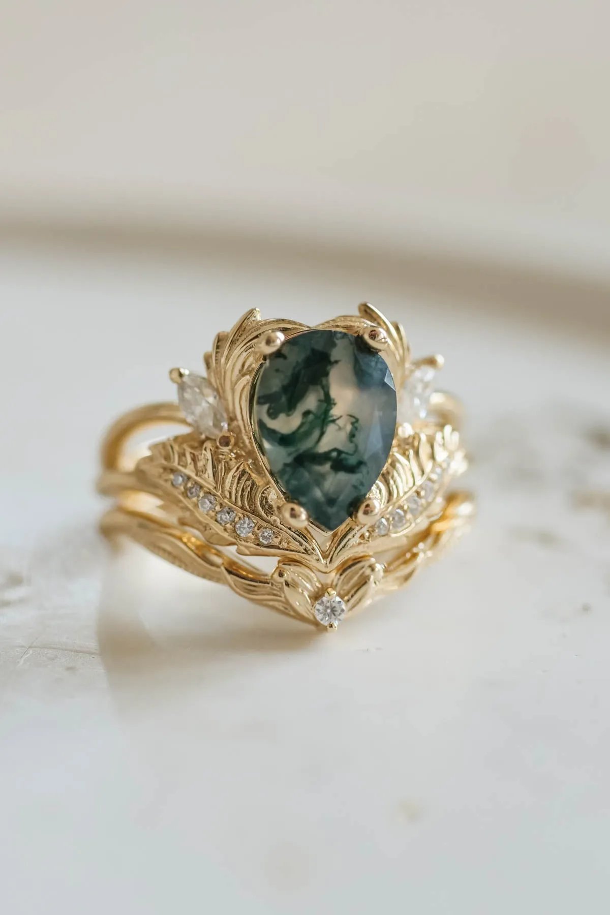 One of a kind moss agate engagement ring, unique gold proposal ring with diamonds / Adonis