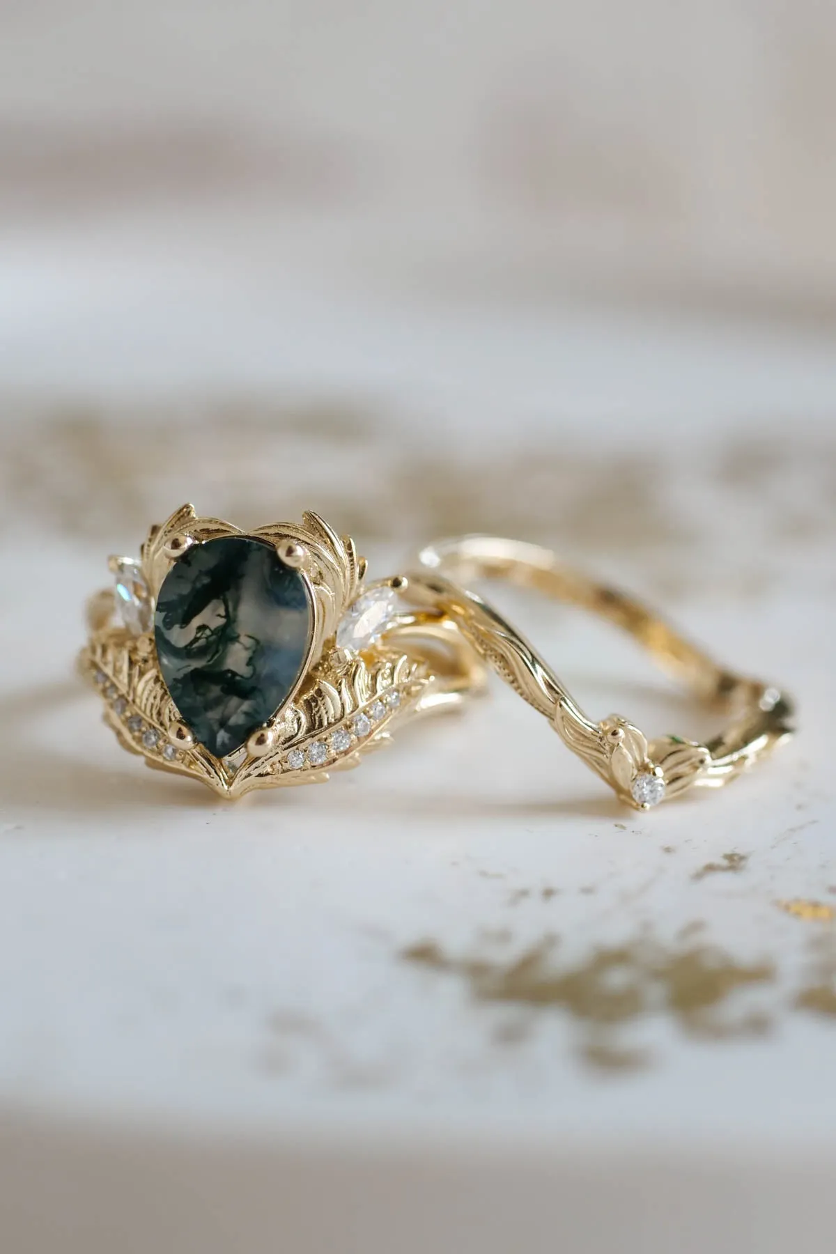 One of a kind moss agate engagement ring, unique gold proposal ring with diamonds / Adonis