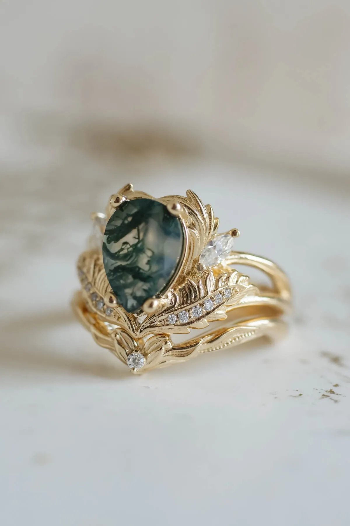 One of a kind moss agate engagement ring, unique gold proposal ring with diamonds / Adonis