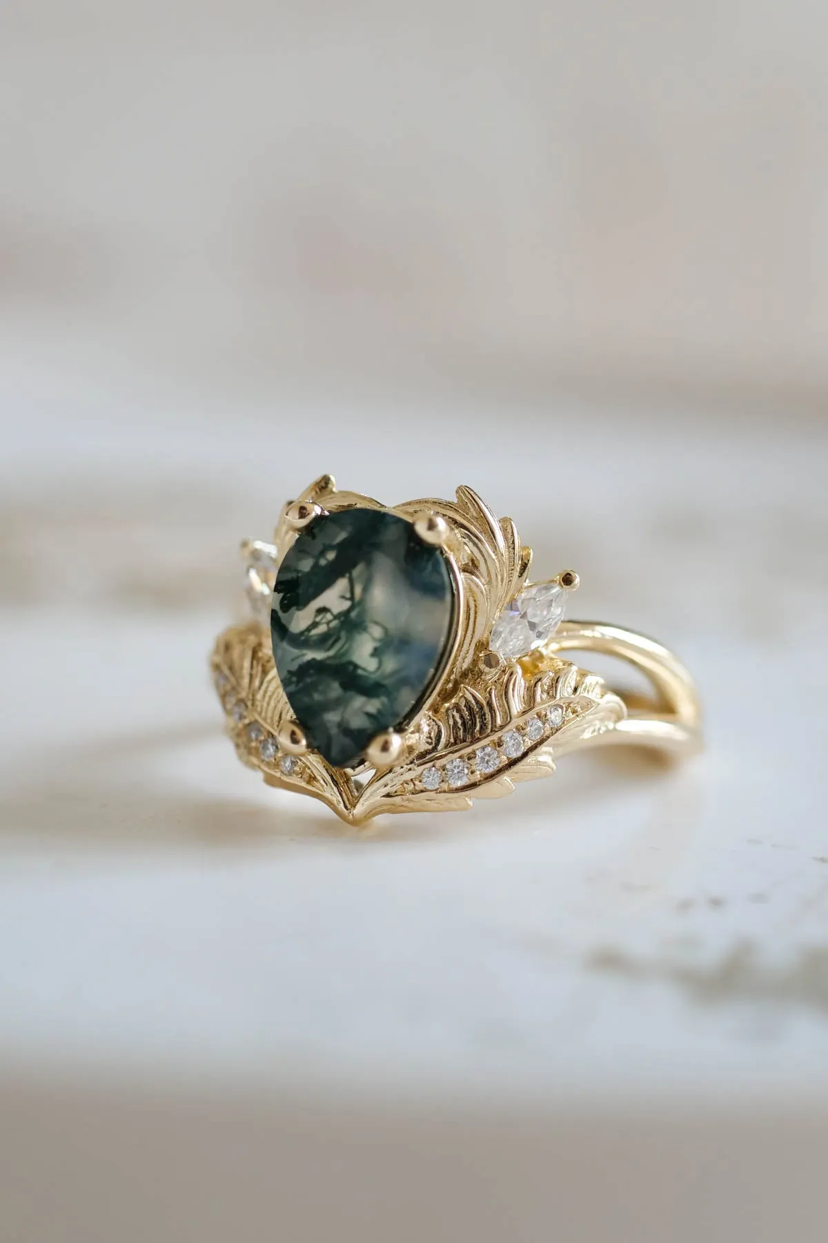 One of a kind moss agate engagement ring, unique gold proposal ring with diamonds / Adonis