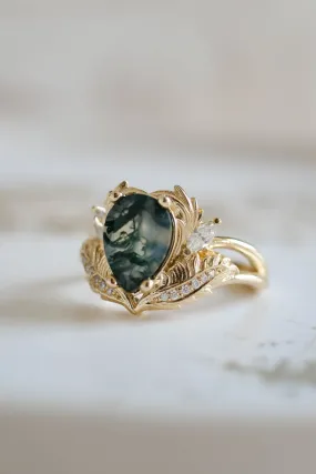 One of a kind moss agate engagement ring, unique gold proposal ring with diamonds / Adonis