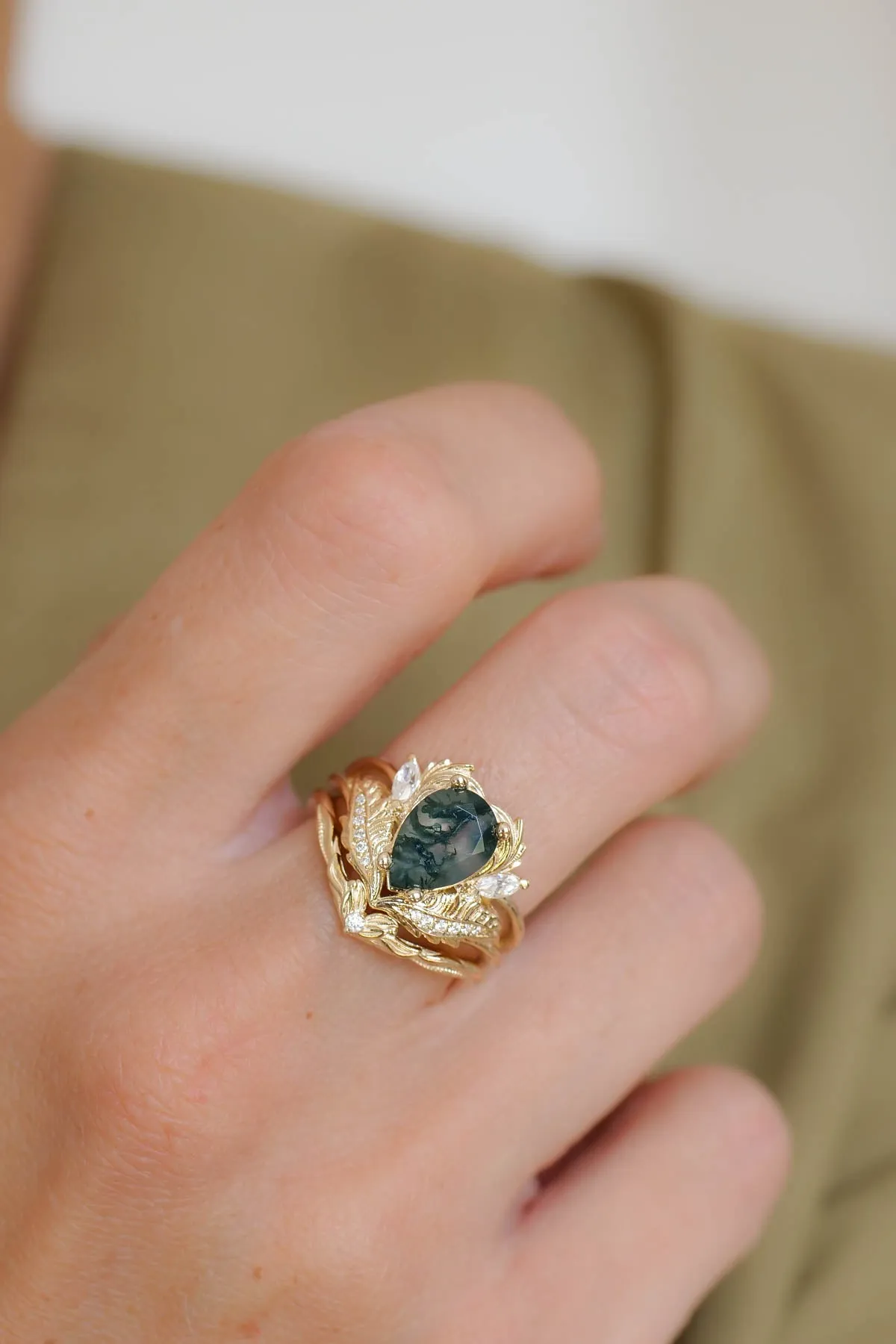 One of a kind moss agate engagement ring, unique gold proposal ring with diamonds / Adonis